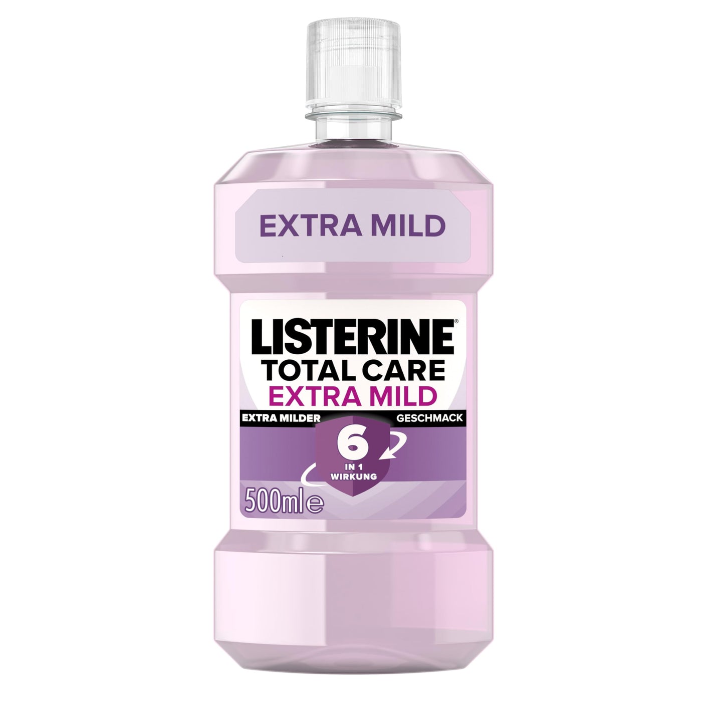 LISTERINE Total Extra Mild (500 ml), schützende Mundspülung ohne Alkohol gegen Karies mit 6 in 1 Wirkung, antibakterielles Mundwasser schützt vor Zahnfleischproblemen, bis zu 24h frischer Atem