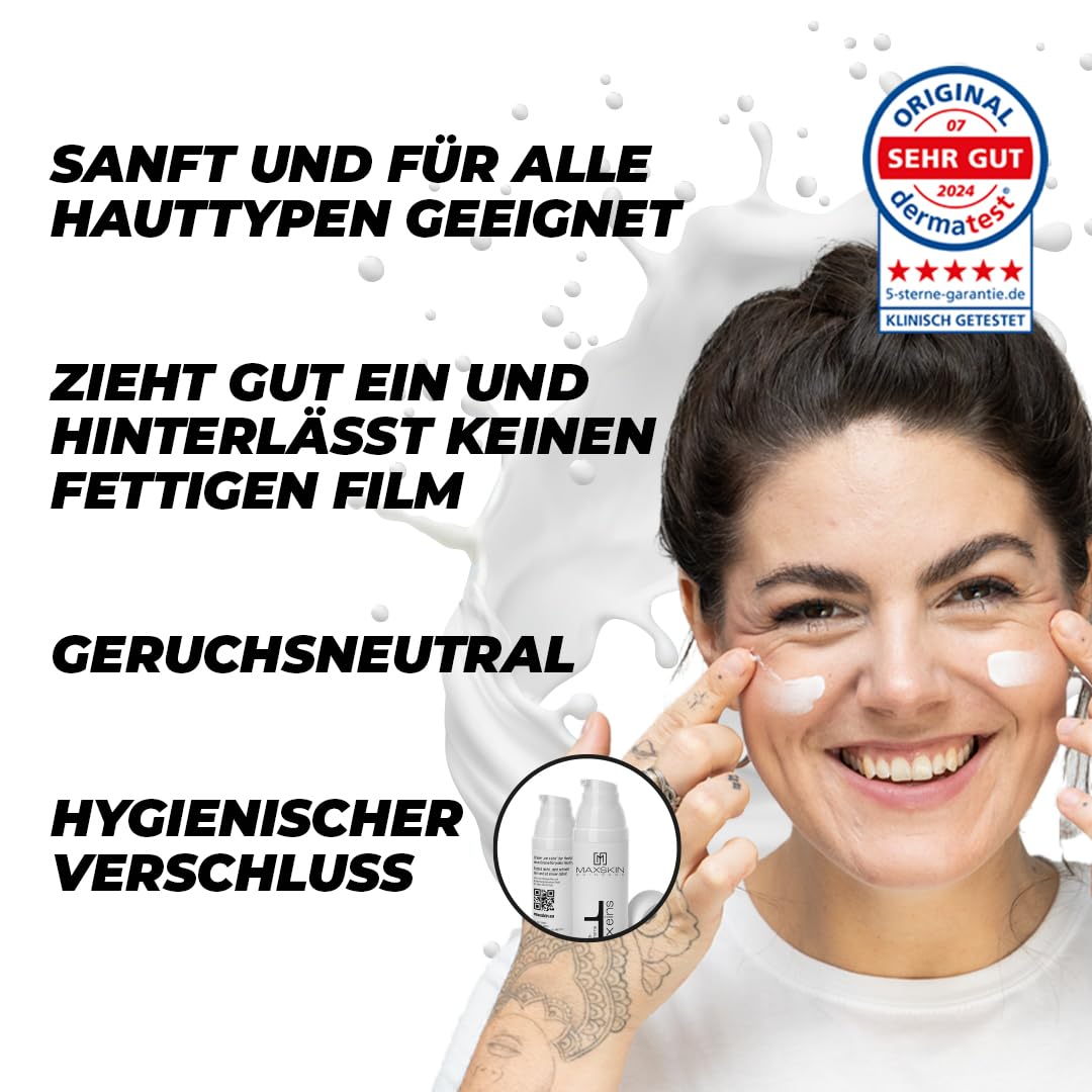 MAXSKIN® 50ml Gesichtspflege mit Glycerin - Die Gesichtscreme für jeden Hauttypen - maximale Verträglichkeit, wirkt antimikrobiell & feuchtigkeitsspendend | 10 Inhaltsstoffe | vegan & tierversuchsfrei