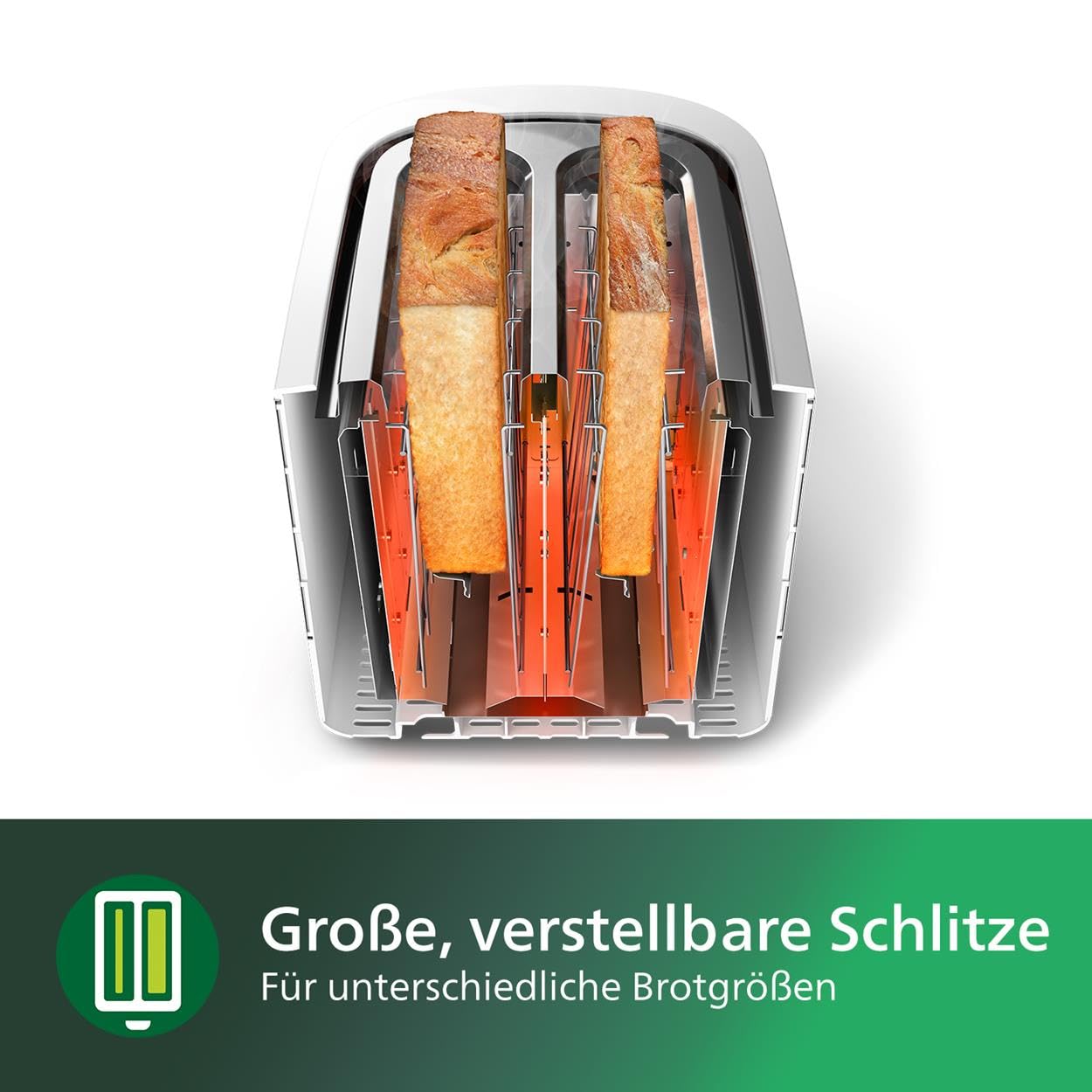 Philips Toaster – 2 Toastschlitze, 8 Stufen, Brötchenaufsatz, Auftaufunktion, Liftfunktion, Abschaltautomatik, weiß (HD2581/00)