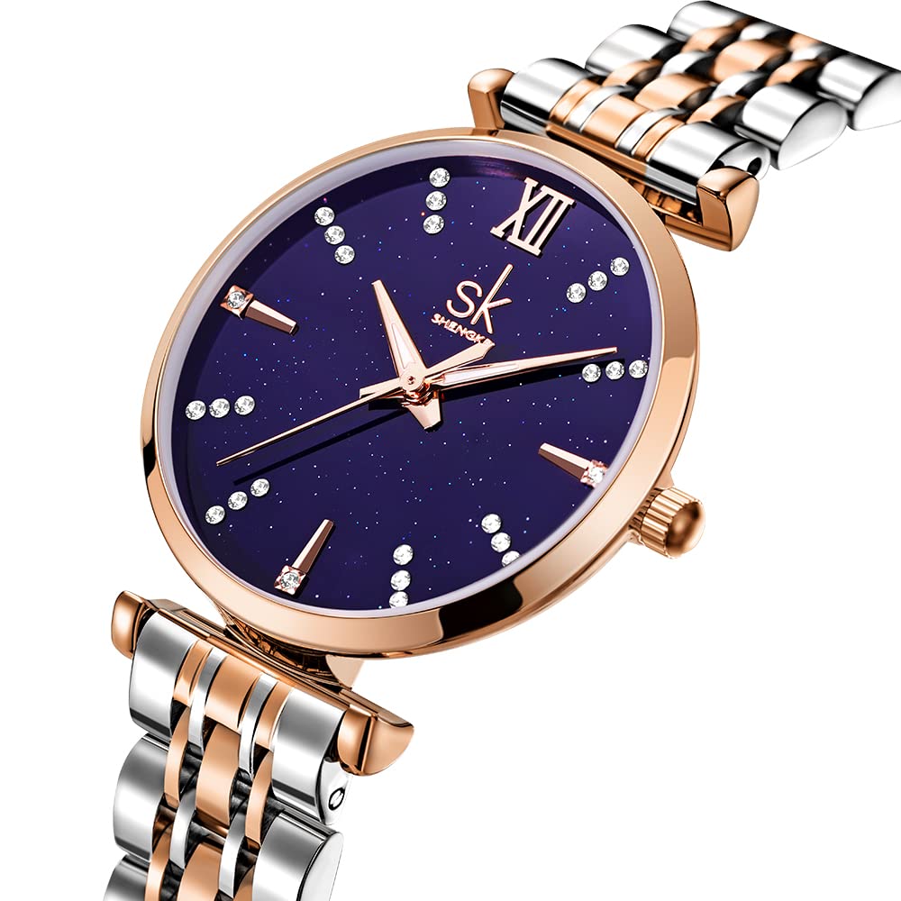 SHENGKE SK Klassische Frauen Uhren Mode Damen Kleid Uhr Solide Edelstahl Band Echtes Lederband (Blue-Starry)