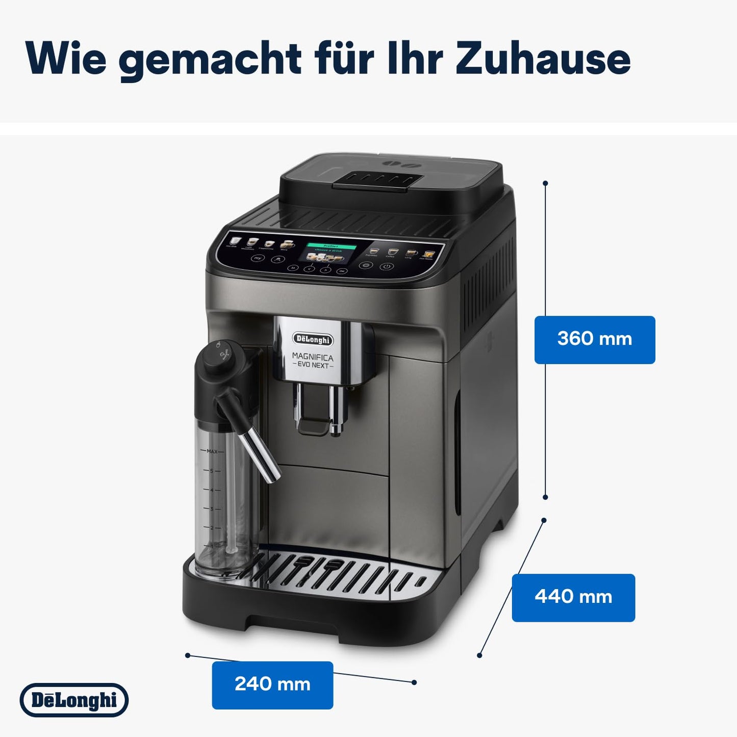 De'Longhi Magnifica Evo Next ECAM312.80.TB – Kaffeevollautomat mit 2,4'' TFT Farbdisplay & LatteCrema Milchsystem, 7 Direktwahltasten (Cappuccino, Espresso, Latte Macchiato), 2-Tassen-Funktion, Titan