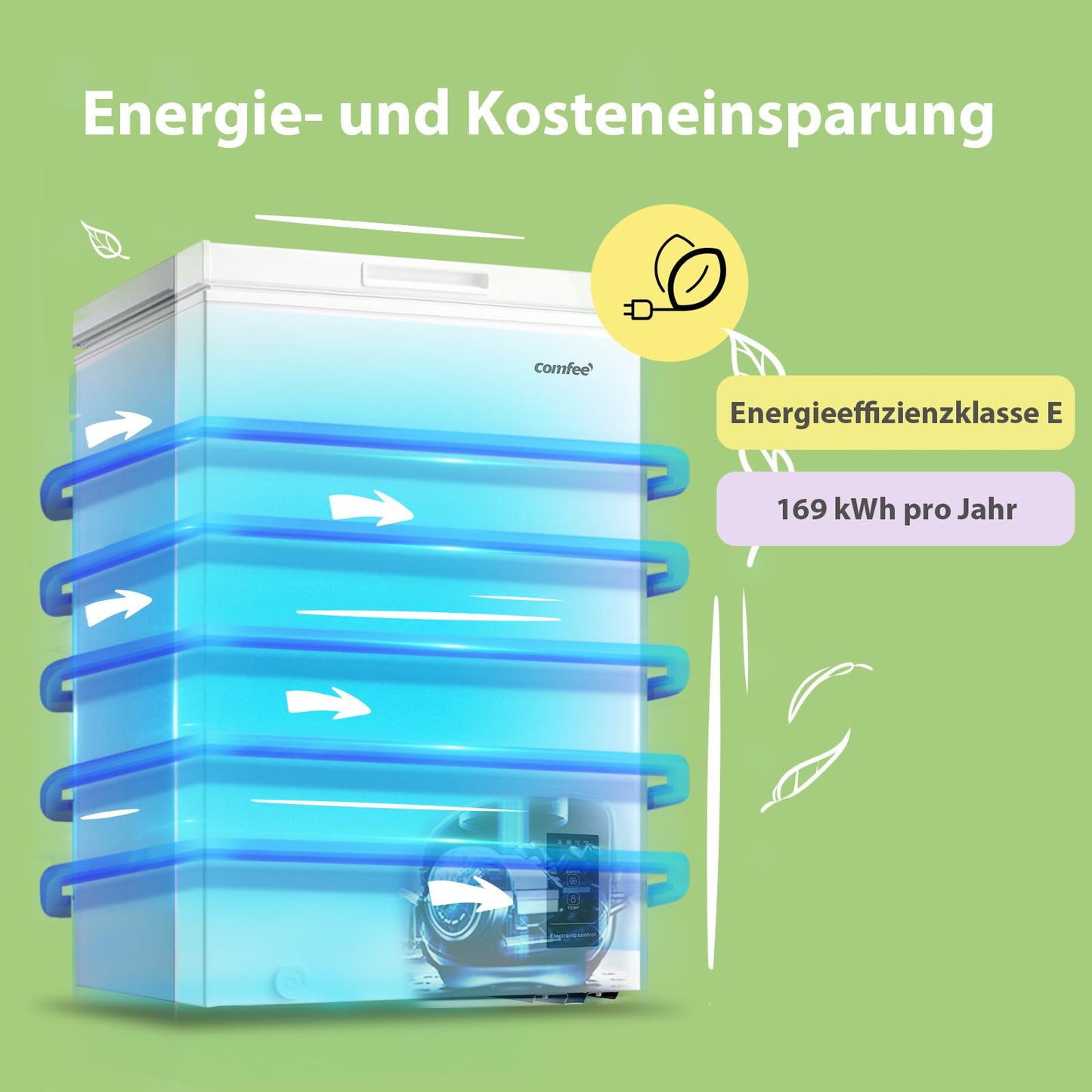 Comfee RCC100WH2(E) Gefriertruhe/169 kWh/Jahr/85cm hoch/99L/38dB/Geringe Lautstärke/Hoch effizientesD-förmigesRohr/Geeignet für verschiedene Einsatzszenarien/Einstellbarer Temperaturregler/Weiß