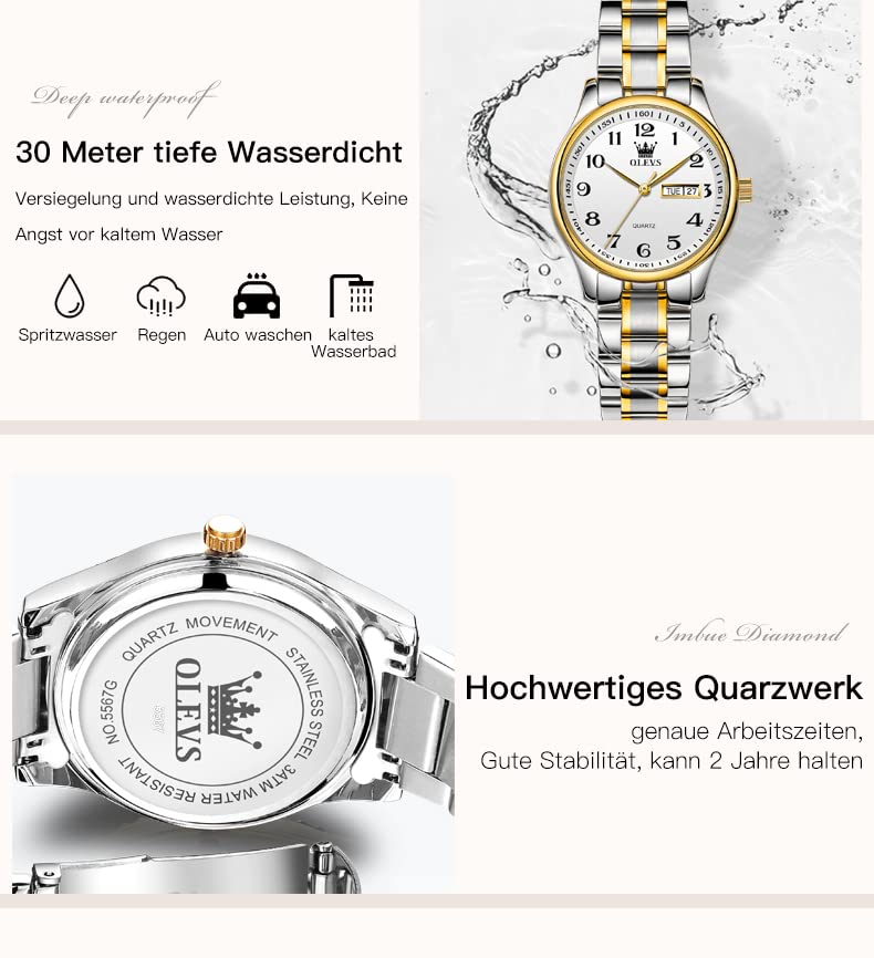 OLEVS Damenuhren Gold Silber Leicht zu Lesen Armbanduhren für Damen mit Kleines Gesicht Tag Datum Edelstahlband wasserdichte