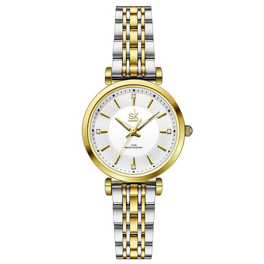 SHENGKE SK Klassische Frauen Uhren Mode Damen Kleid Uhr Solide Edelstahl Band Echtes Lederband(Silver-Gold)