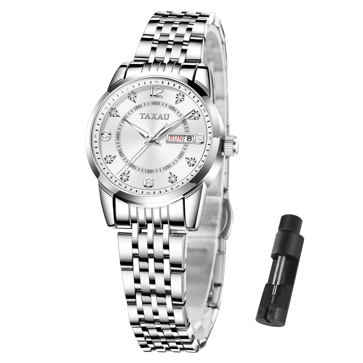 Taxau Damen Uhren Elegantes Kleid Diamant Analog Quarzuhr Edelstahl Wasserdicht Leuchtkalender Handgelenk Patch Reloj para Mujer