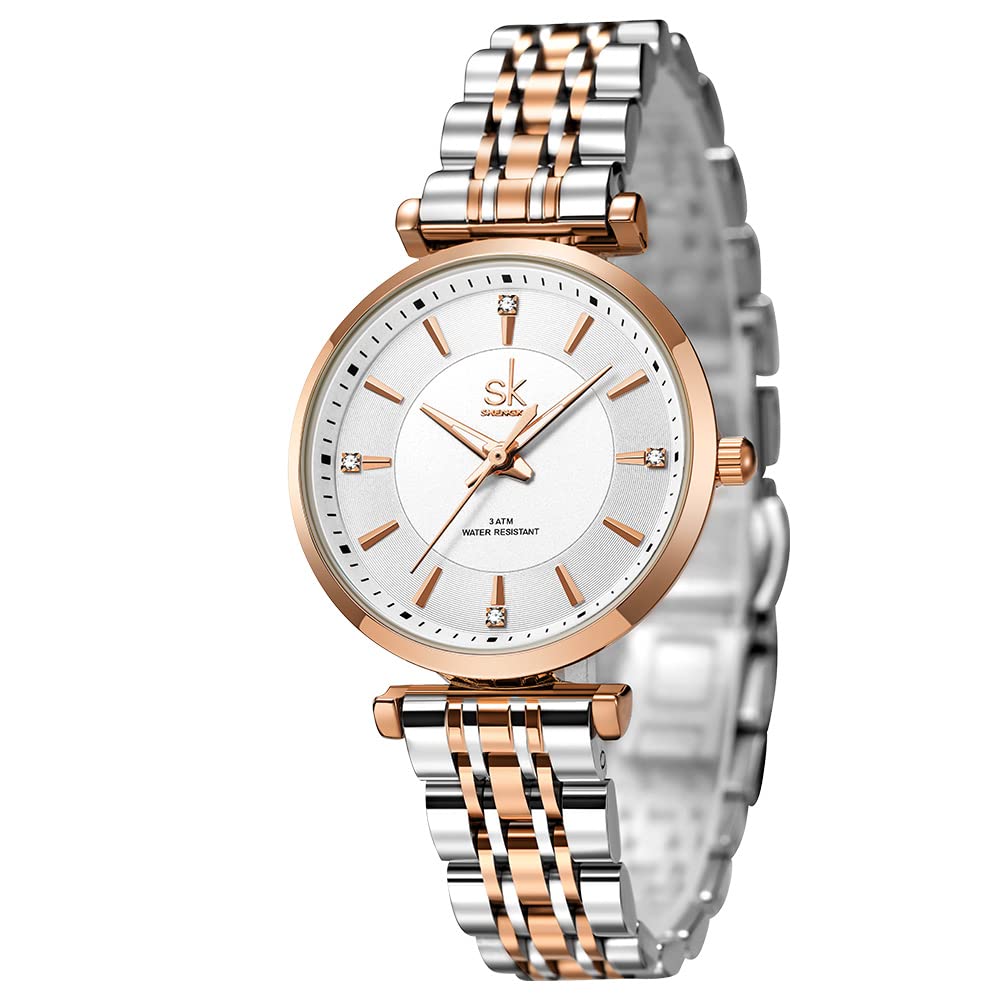 SHENGKE SK Klassische Frauen Uhren Mode Damen Kleid Uhr Solide Edelstahl Band Echtes Lederband(Silver-Rosegold)