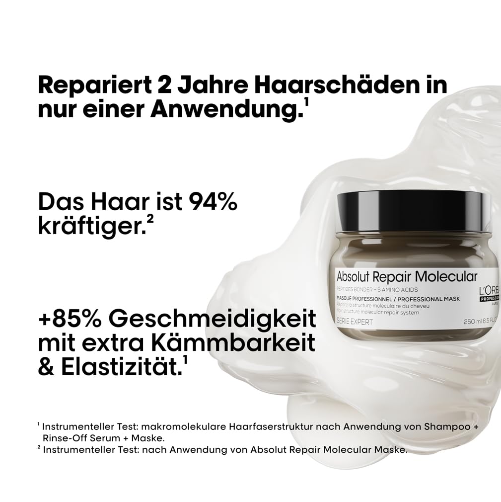 L'Oréal Professionnel Maske für strukturgeschädigtes Haar, Molekulare Tiefenreparatur für mehr Geschmeidigkeit, Mit Peptidbondern und 5 Aminosäuren, Serie Expert, Absolut Repair Molecular Maske, 250ml