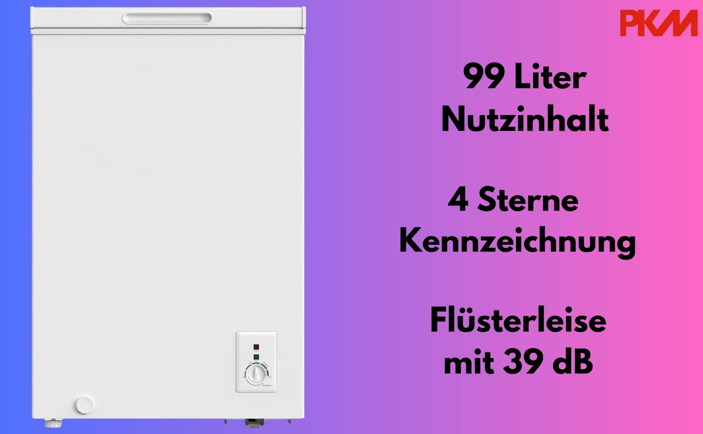 PKM Gefriertruhe GT100E, 99 Liter Nutzinhalt | Weiß | 4 Sterne Kennzeichnung | Flüsterleise mit 39 dB | Schnellgefrieren & Kühlmodus | 1 zusätzlicher Drahtkorb | Energieeffizienzklasse E