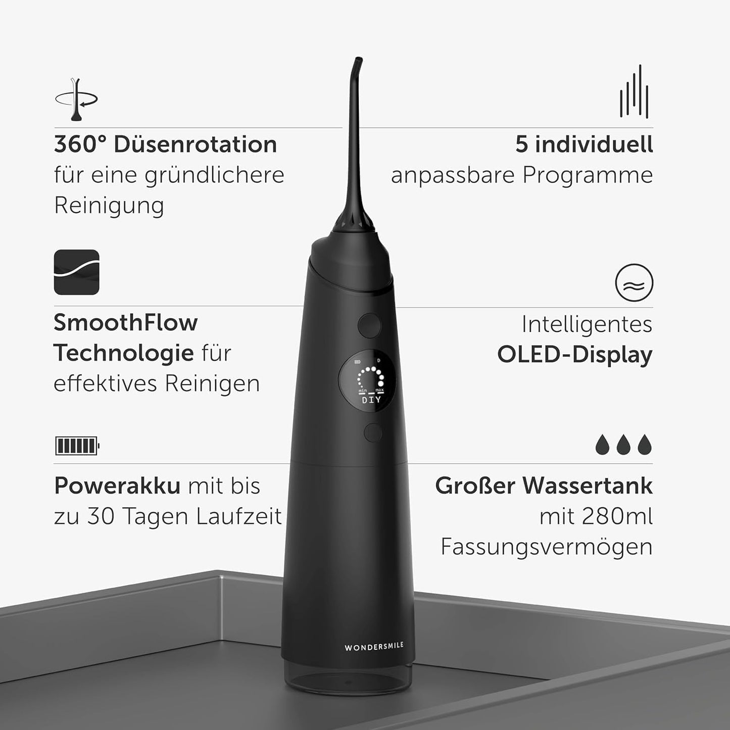 Wondersmile Munddusche PRO - Testsieger 2024-100 Tage risikofrei testen - SmoothFlow-Technologie für optimale Zahn- & Zahnfleischpflege - mit 5 Modi - PowerAkku mit bis zu 30 Tagen Laufzeit