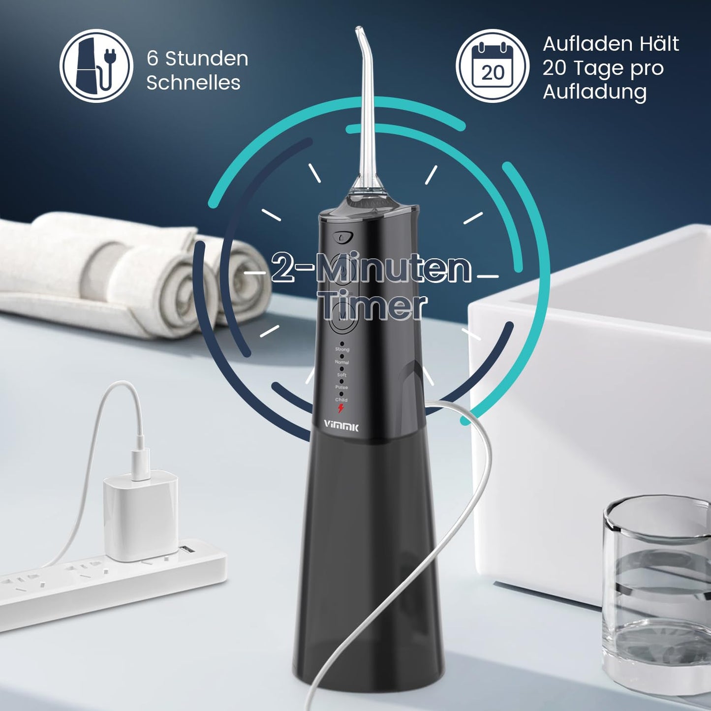 Munddusche Kabellos Elektrischer Zahnreiniger, Vimmk Zahndusche Water Flosser 5 Modi & 8 Düsen USB-C Wiederaufladbare Wasser Flosser IPX7 Wasserdicht, 300ML Wassertank Mund Reiniger (Schwarz)