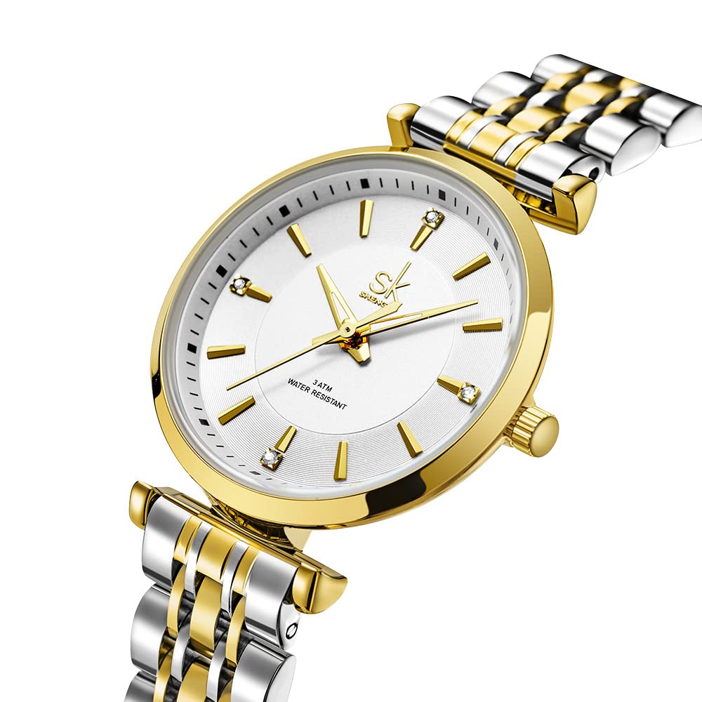 SHENGKE SK Klassische Frauen Uhren Mode Damen Kleid Uhr Solide Edelstahl Band Echtes Lederband(Silver-Gold)