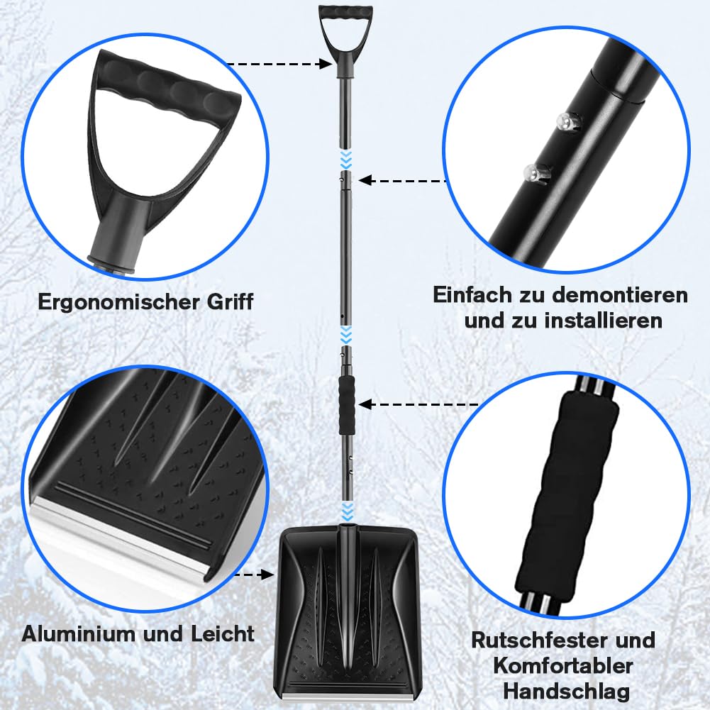 UMUACCAN Schneeschaufel Ergonomisches Design Abnehmbares 4-in-1-Design kann in Zwei Verschiedene Längen geformt Werden Geeignet für Schnee-, Garten- und Campinganlässe（Schwarz