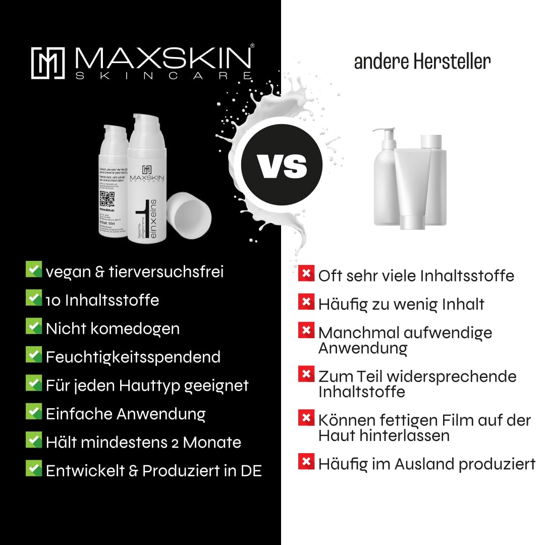 MAXSKIN® 50ml Gesichtspflege mit Glycerin - Die Gesichtscreme für jeden Hauttypen - maximale Verträglichkeit, wirkt antimikrobiell & feuchtigkeitsspendend | 10 Inhaltsstoffe | vegan & tierversuchsfrei