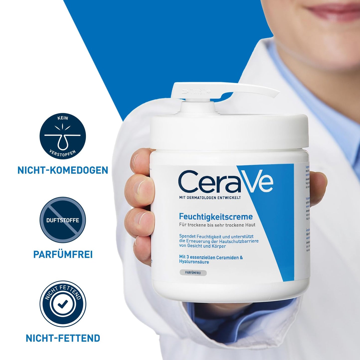 CeraVe Feuchtigkeitscreme für Körper und Gesicht, Mit Pumpspender, Creme für trockene bis sehr trockene Haut, Mit Hyaluron und 3 essenziellen Ceramiden, 454 g