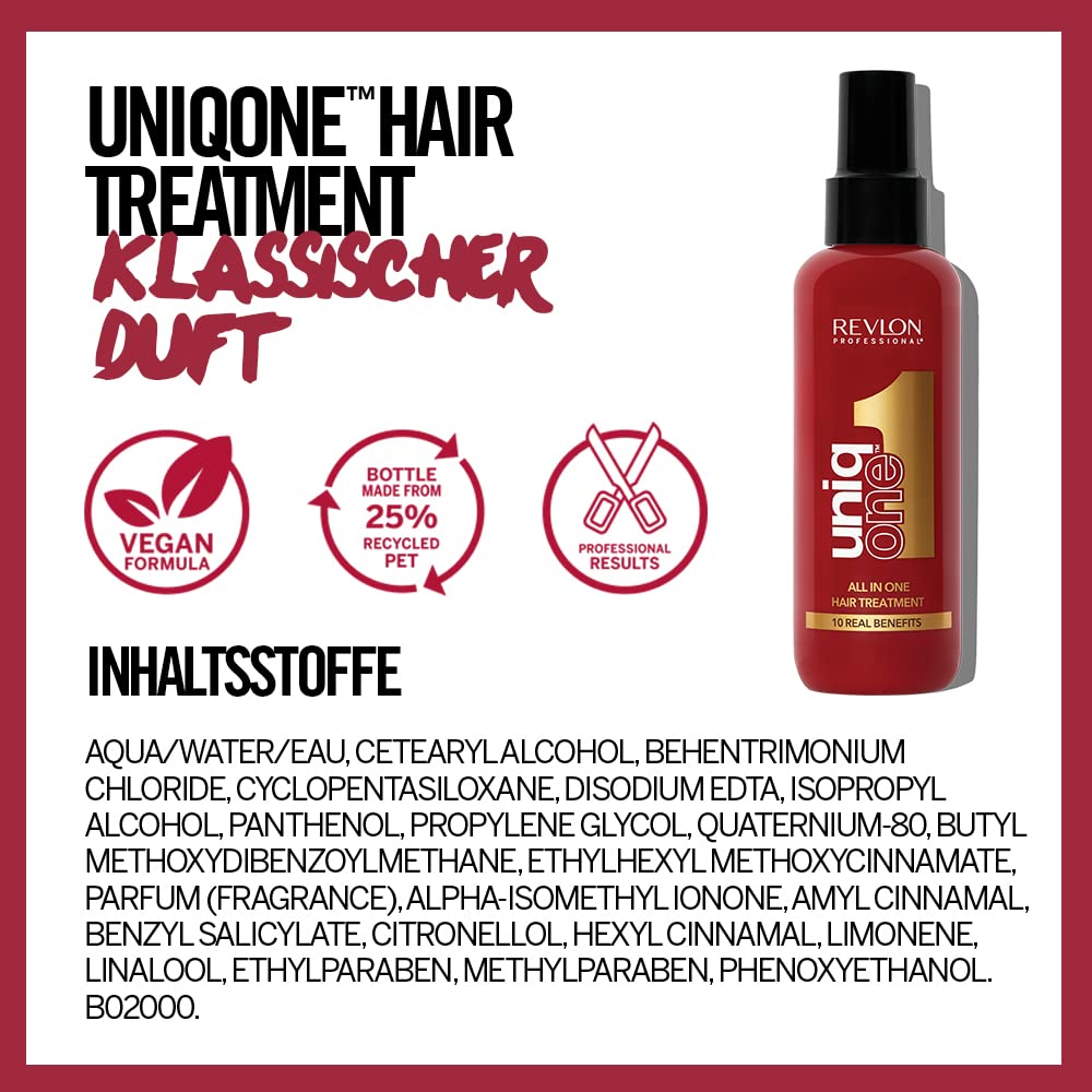 REVLON PROFESSIONAL UniqOne Hair Treatment Classic, 150 ml, Leave in Haarkur für bessere Kämmbarkeit & Glanz, Haarpflege ohne Ausspülen, Anti Frizz Spray mit Hitzeschutz, vegan