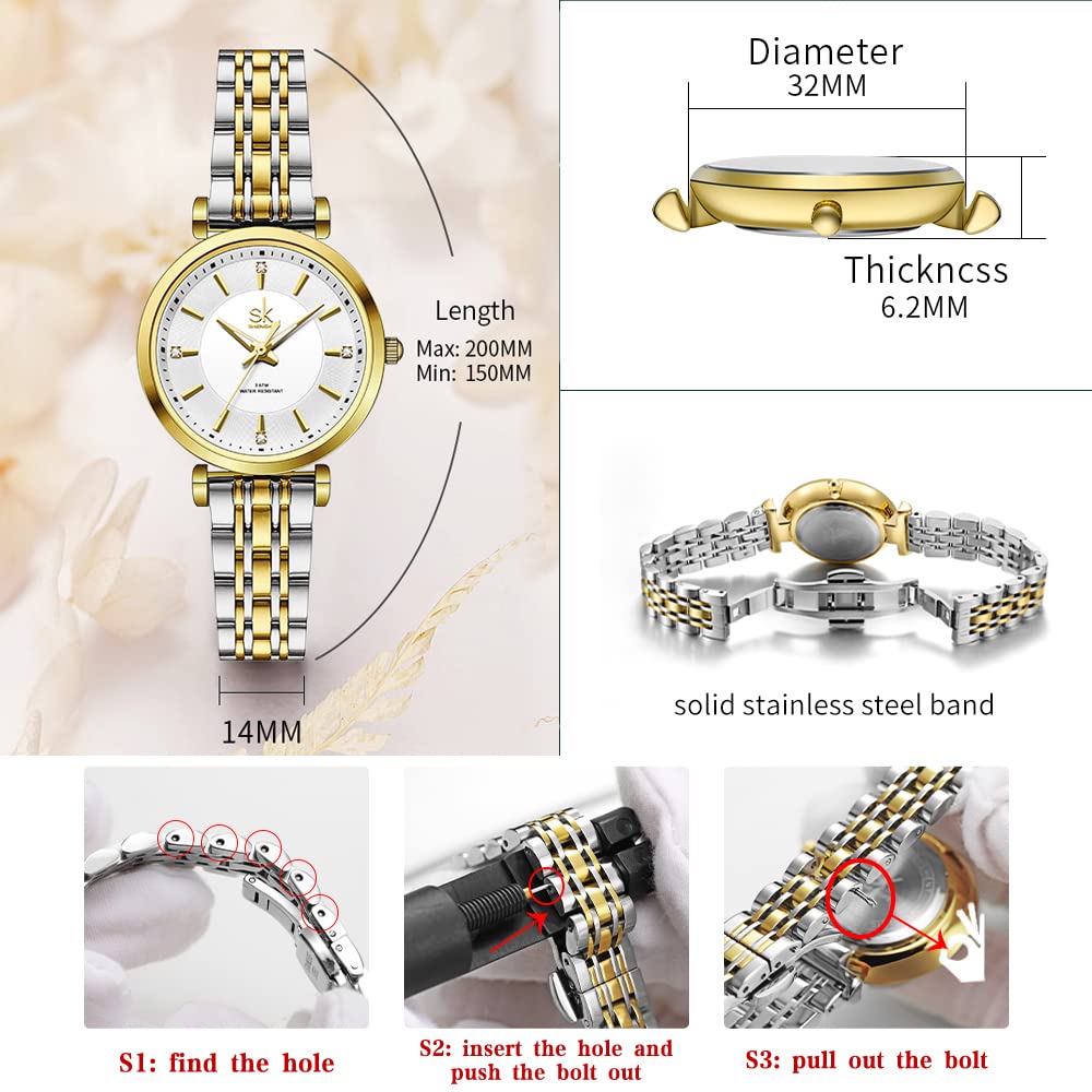 SHENGKE SK Klassische Frauen Uhren Mode Damen Kleid Uhr Solide Edelstahl Band Echtes Lederband(Silver-Gold)