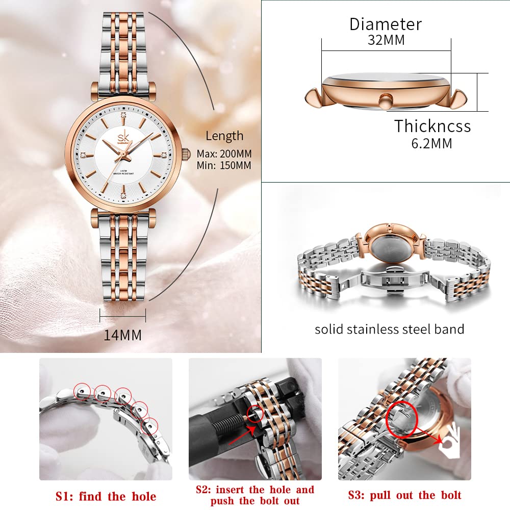 SHENGKE SK Klassische Frauen Uhren Mode Damen Kleid Uhr Solide Edelstahl Band Echtes Lederband(Silver-Rosegold)