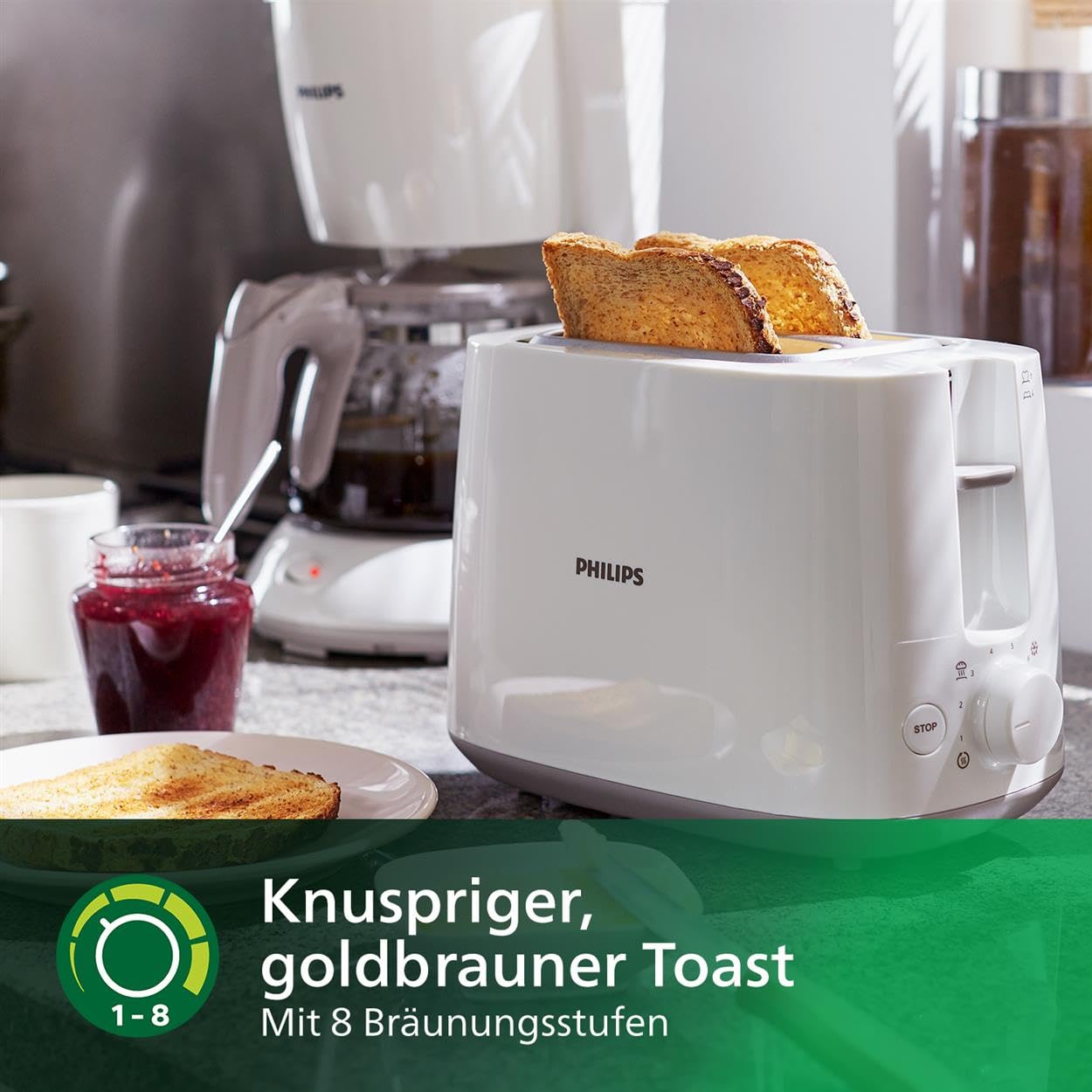 Philips Toaster – 2 Toastschlitze, 8 Stufen, Brötchenaufsatz, Auftaufunktion, Liftfunktion, Abschaltautomatik, weiß (HD2581/00)