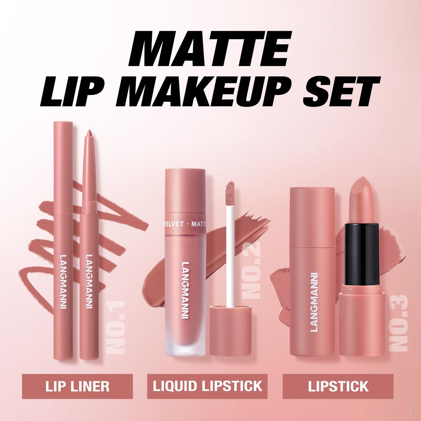 3PCS Matte Liquid Lipstick Lip Liner Set - All-IN-One Lip Kit, Velvety Nude Lip Gloss & Lipstick & Lip Liner, Waterproof Make Up Lip Set (Color, # 02)