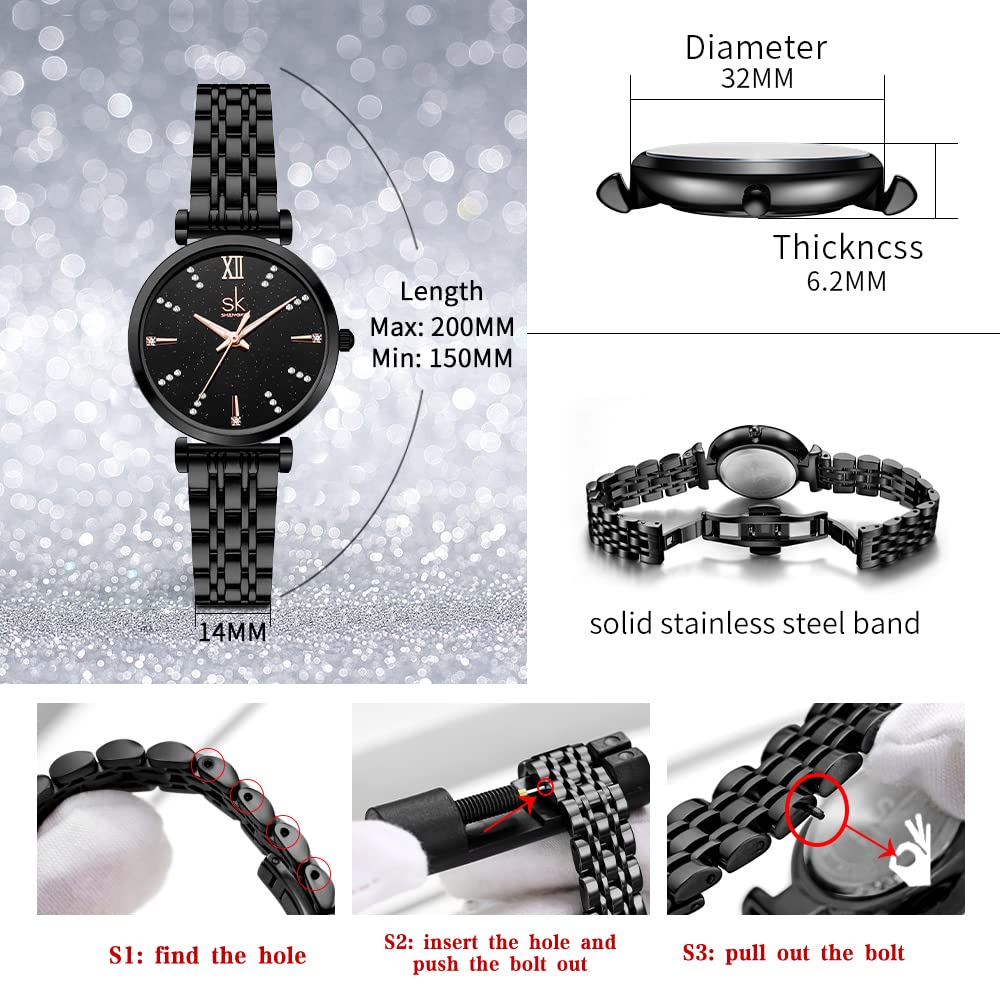 SHENGKE SK Klassische Frauen Uhren Mode Damen Kleid Uhr Solide Edelstahl Band Echtes Lederband (Black-Starry)