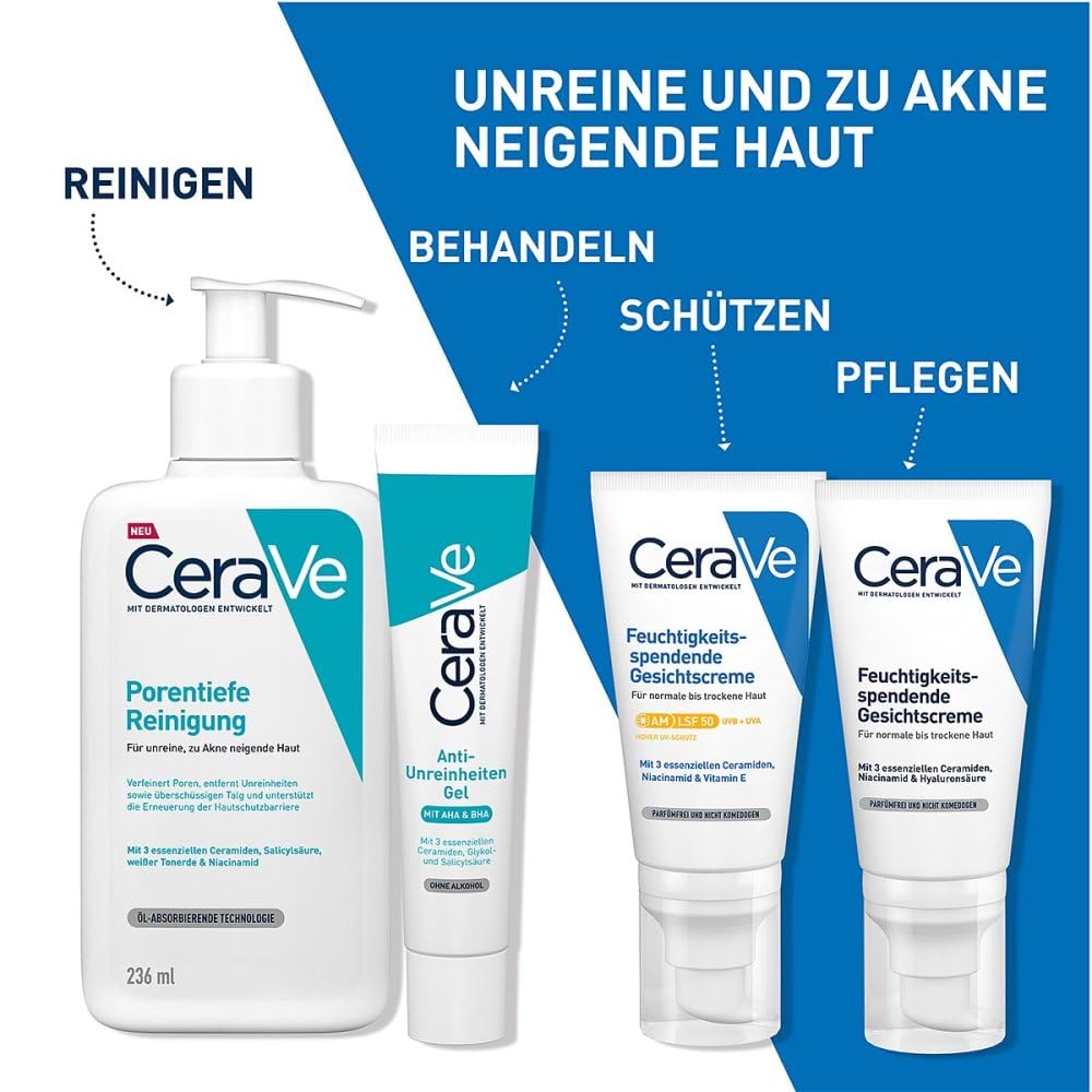 CeraVe Schäumendes Reinigungsgel für das Gesicht, Porentiefe Reinigung bei unreiner und zu Akne neigender Haut, Mit Salicylsäure, weißer Tonerde und Niacinamid, 236 ml