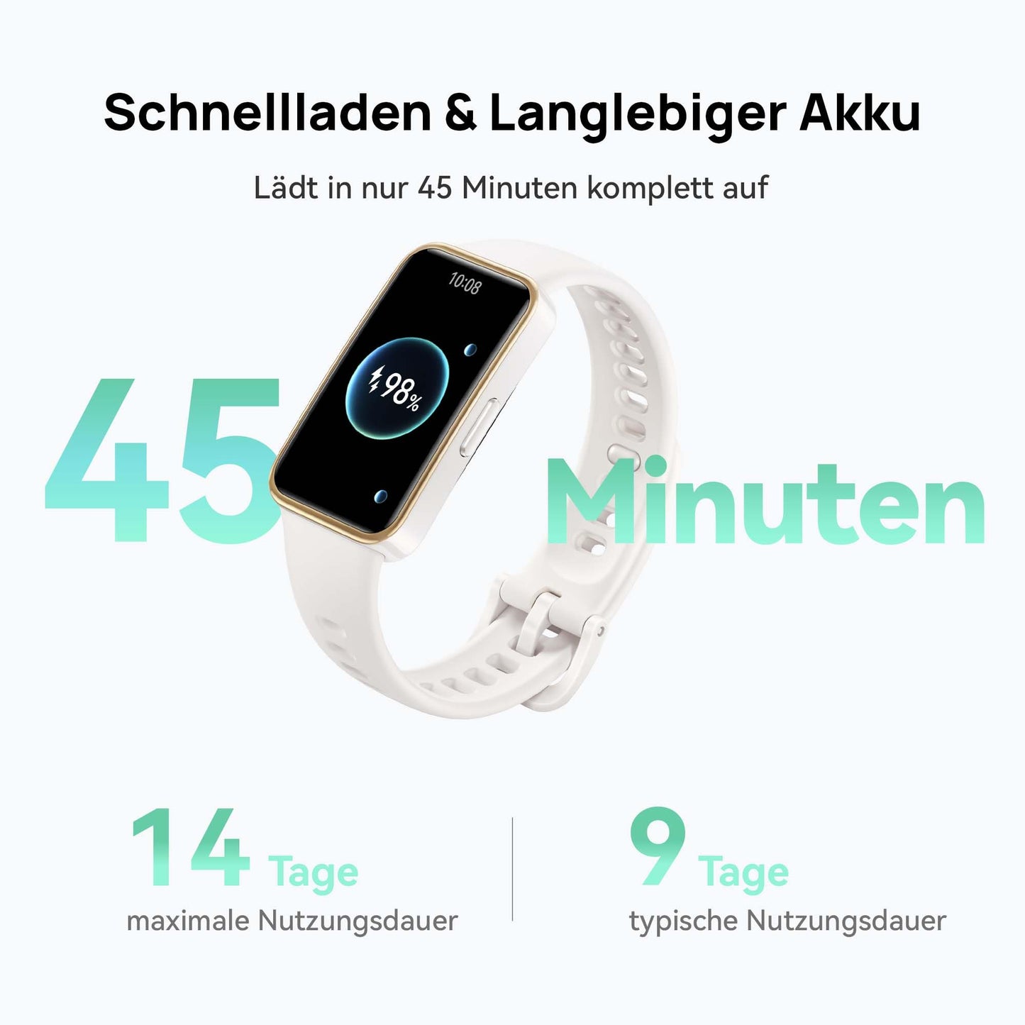 HUAWEI Band 9, Bluetooth, iOS & Android, bis zu 14 Tage Akkulaufzeit, Comfortable Wear, TruSleep 4.0, wissenschaftliches Schlaftracking, 100 Training Modes，smartband，Weiß Fluorelastomer Strap