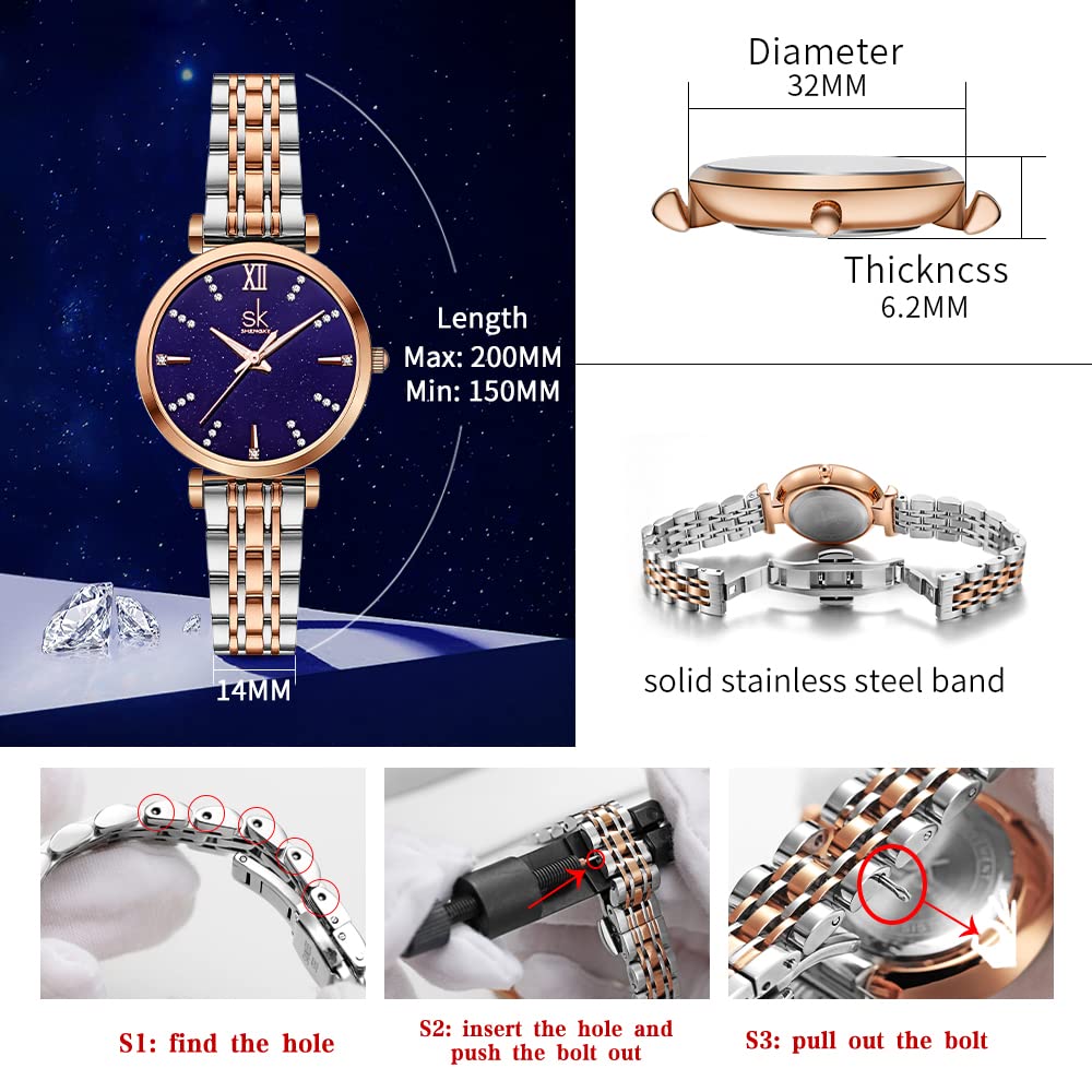 SHENGKE SK Klassische Frauen Uhren Mode Damen Kleid Uhr Solide Edelstahl Band Echtes Lederband (Blue-Starry)