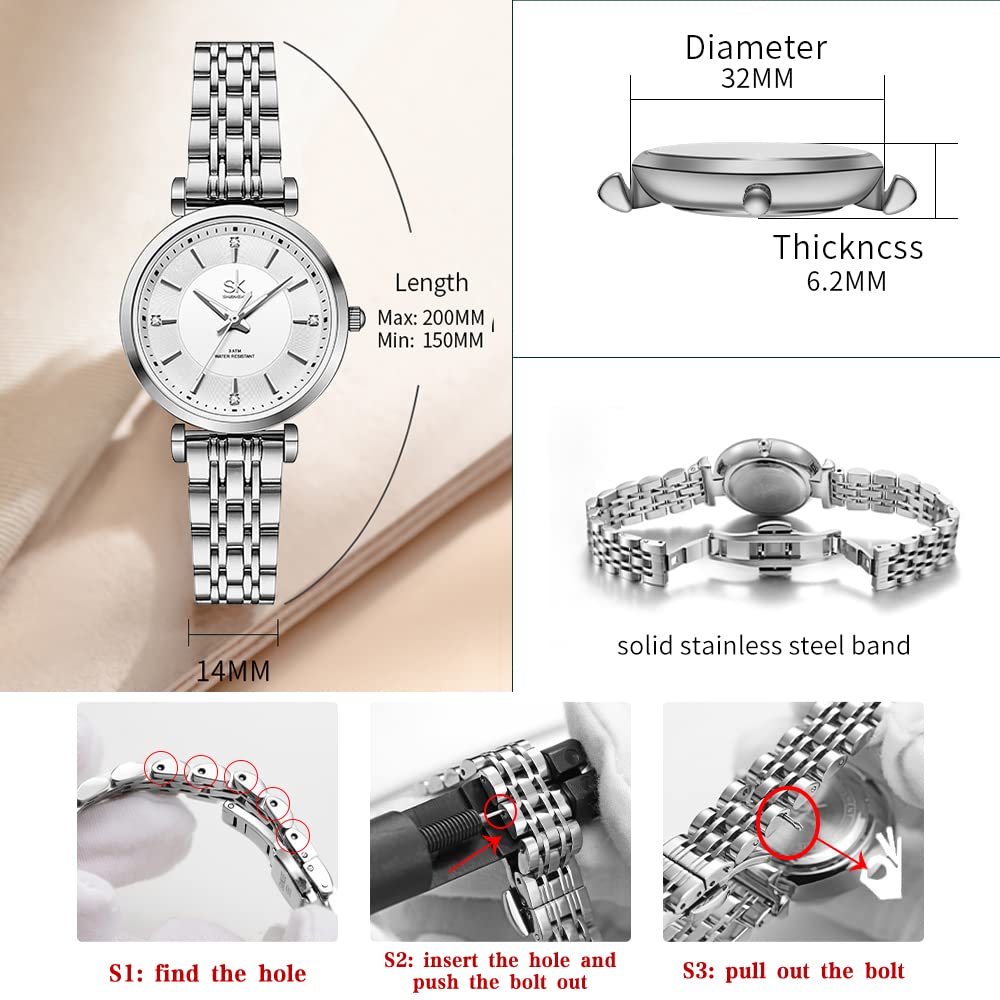 SHENGKE SK Klassische Frauen Uhren Mode Damen Kleid Uhr Solide Edelstahl Band Echtes Lederband(Silver)