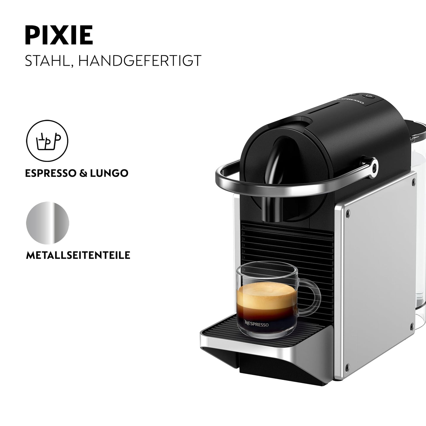 Nespresso De'Longhi Pixie EN127.S Kaffekapselmaschine, zwei Direktwahltasten, ECO-Modus, kompaktes Design, 19 Bar Drucksystem, 1260W, Silber/Schwarz