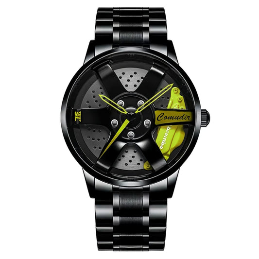 RWXCOW Herren Uhr Kreativ Armbanduhren,Autorad Felgennabenuhr,Auto Rad Felgen Nabe Uhr, Männer Sport Wasserdicht Armbanduhr,3D Auto Rad Felge Nabe Quarz Herrenuhr .schwarzerStahlgürtelmitgelberNadel