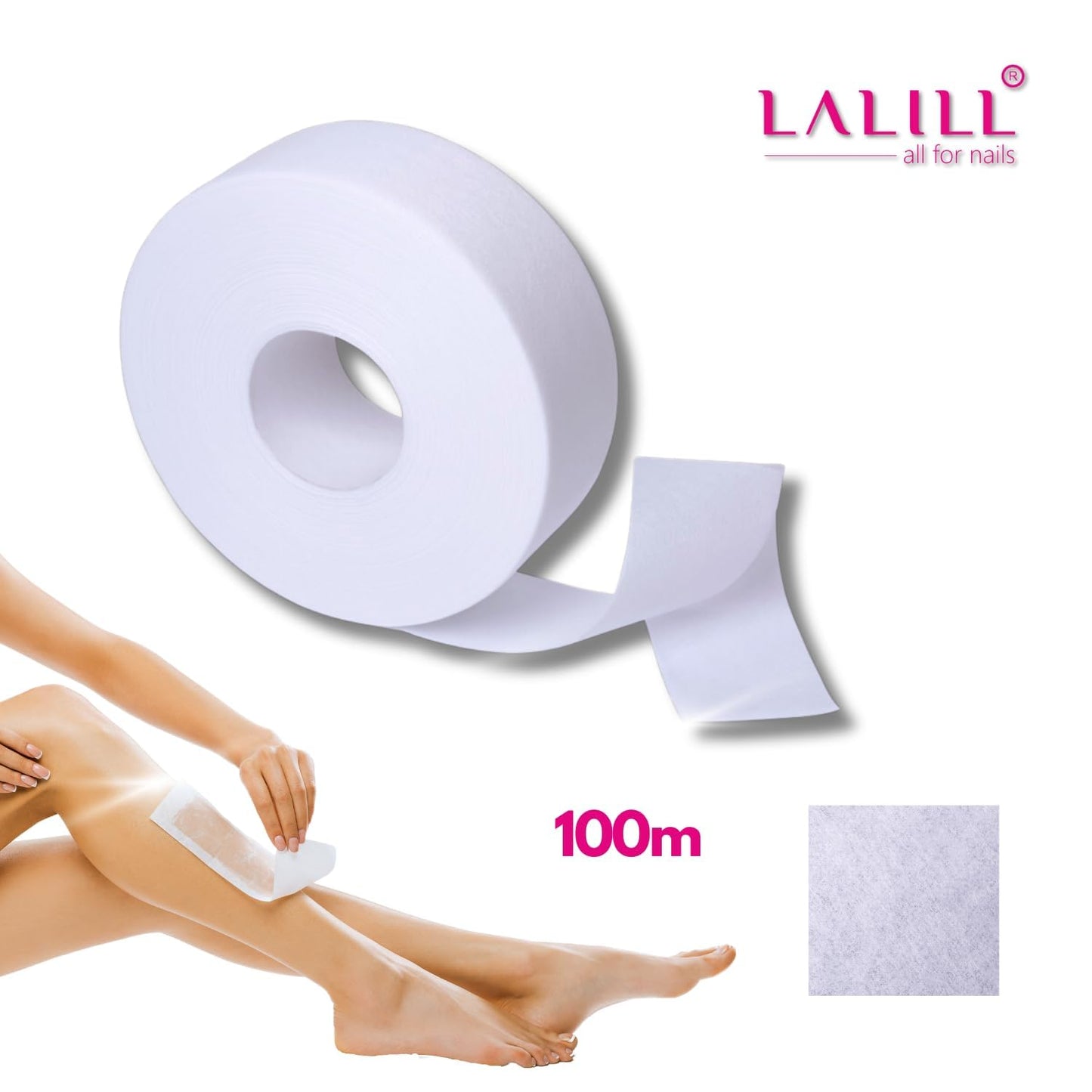 LALILL Vlies auf 1 Rolle für Wachs - WAX, weiß, 100 m x 7 cm - Vliesrolle für Warmwachs, Zuckerwachs, Zuckerpaste, Sugaring, abreißbare Enthaarungsstreifen, Epilation