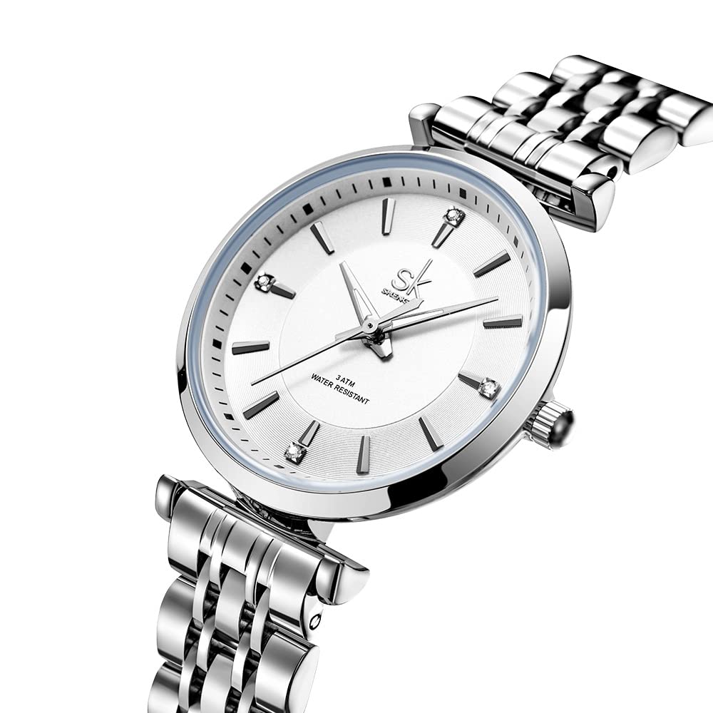 SHENGKE SK Klassische Frauen Uhren Mode Damen Kleid Uhr Solide Edelstahl Band Echtes Lederband(Silver)