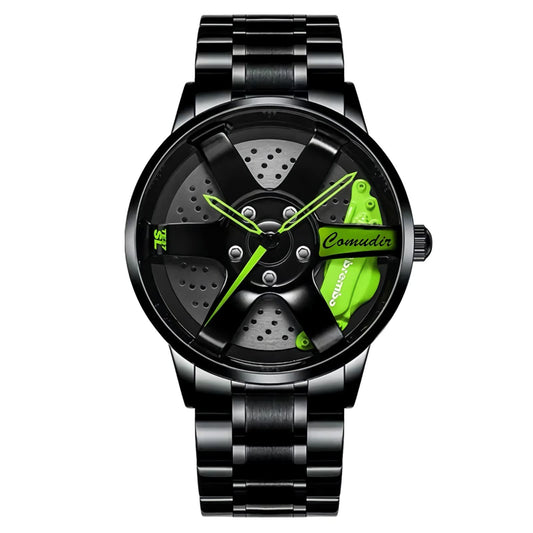 RWXCOW Herren Uhr Kreativ Armbanduhren,Autorad Felgennabenuhr,Auto Rad Felgen Nabe Uhr, Männer Sport Wasserdicht Armbanduhr,3D Auto Rad Felge Nabe Quarz Herrenuhr .schwarzeStahlgürtelgrüneNadel