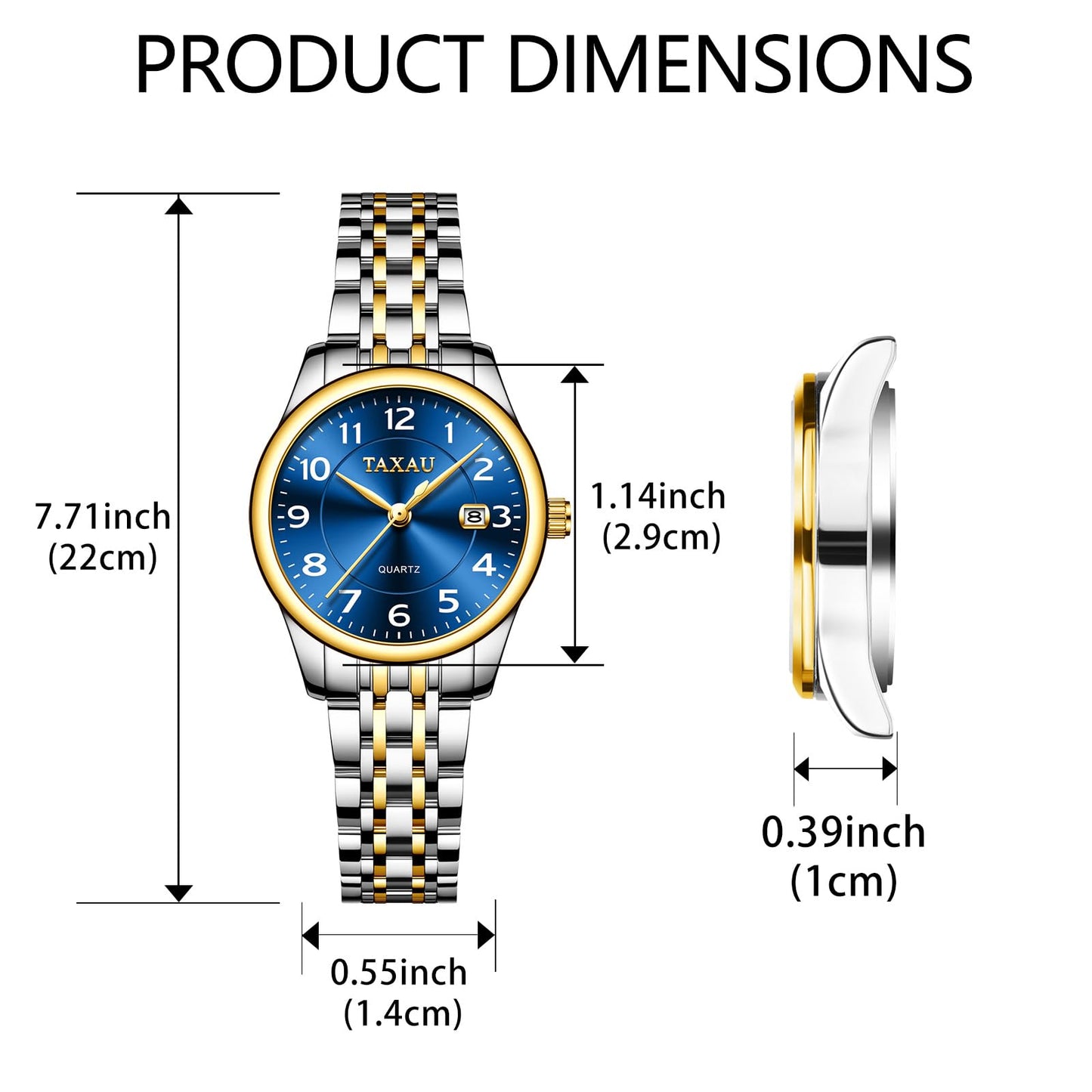 Taxau Uhren Frauen Elegantes Kleid Blaues Zifferblatt Analog Quarz Damen Wirstwatch Edelstahl für Frauen Wasserdicht Leuchtdatum Klassisches Kleid Reloj para Mujer