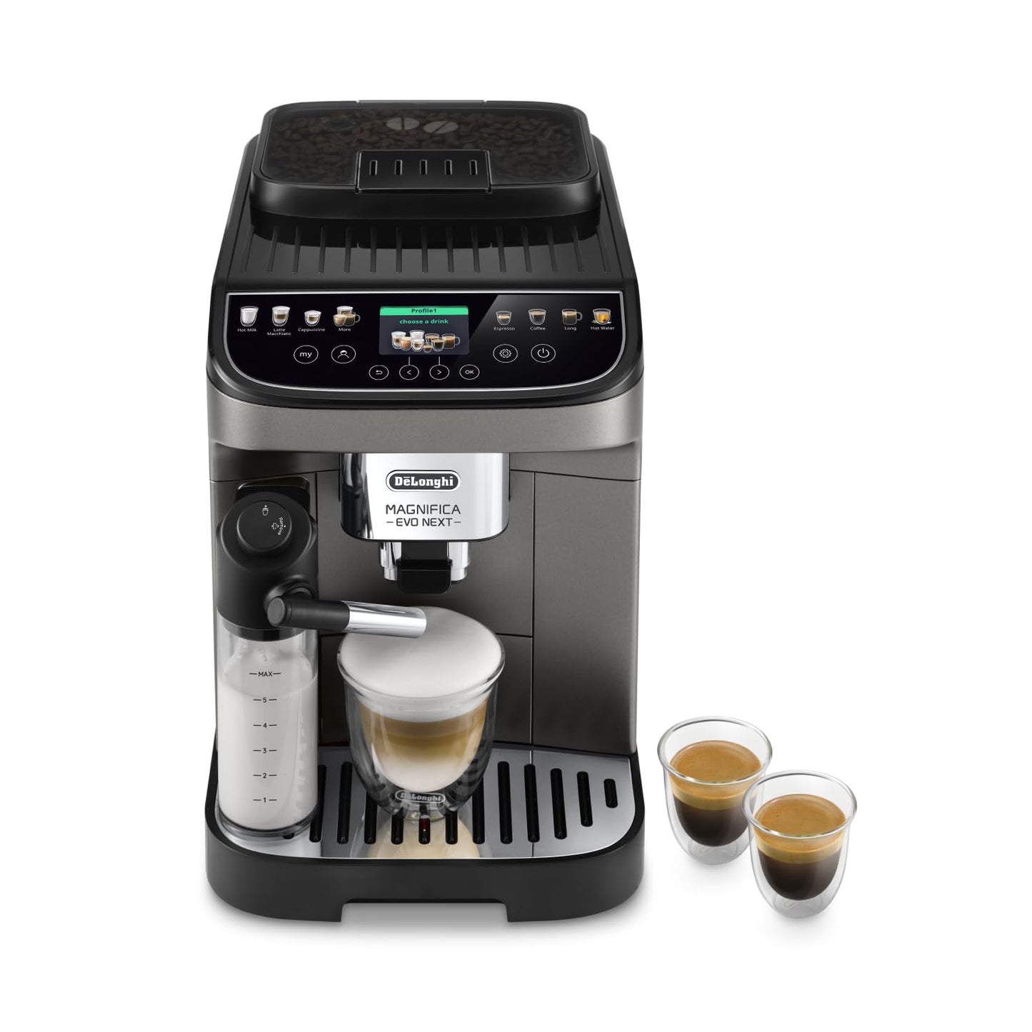 De'Longhi Magnifica Evo Next ECAM312.80.TB – Kaffeevollautomat mit 2,4'' TFT Farbdisplay & LatteCrema Milchsystem, 7 Direktwahltasten (Cappuccino, Espresso, Latte Macchiato), 2-Tassen-Funktion, Titan