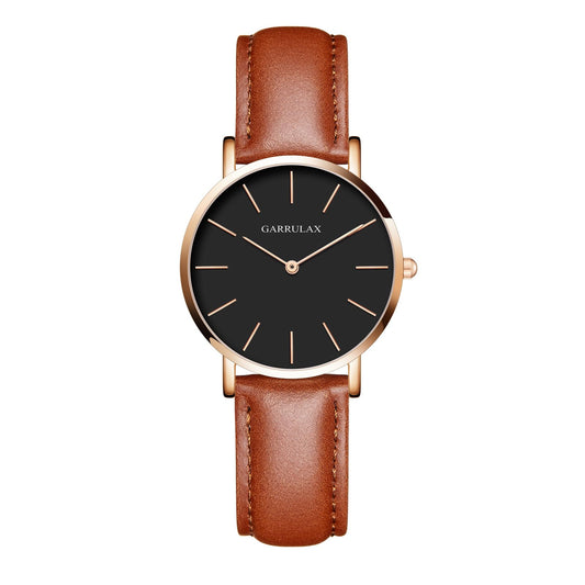 Garrulax Damen ultradünnes Gehäuse Analoge Quarzuhr Armbanduhren 36MM(Gold, Schwarze Oberfläche und braunes Leder)