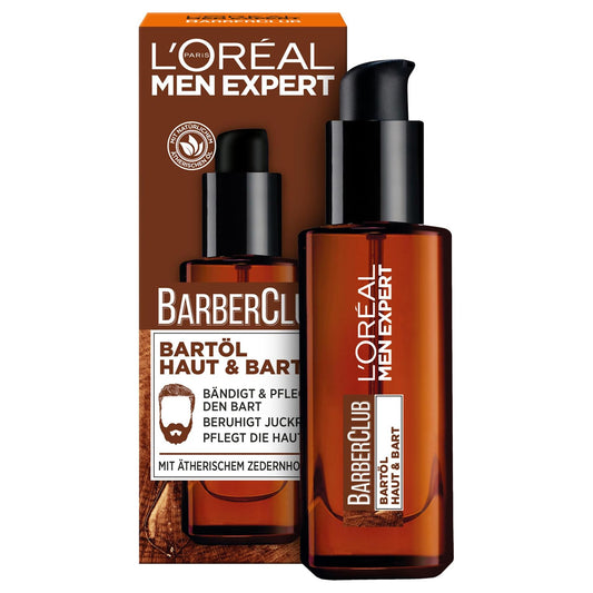 L'Oréal Men Expert Bartöl für Männer, Unterstützung beim gesunden Bartwachstum, Beruhigende Bartpflege für Herren mit holzigem Duft und ätherischem Zedernholzöl, Barber Club, 1 x 30 ml