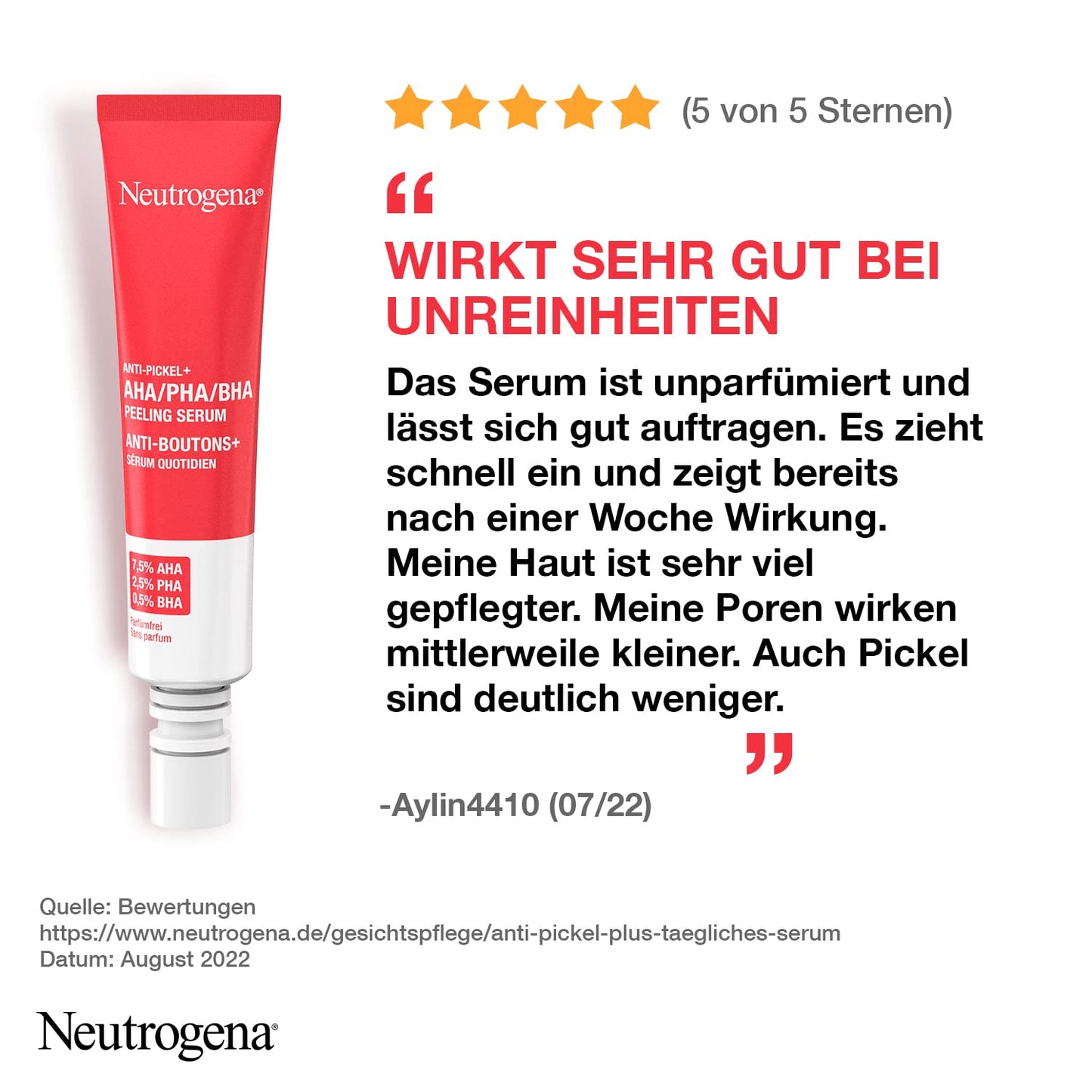 Neutrogena Anti-Pickel+ Peeling Serum (30 ml), hautbilderneuerndes Gesichtsserum mit hautklärender Salicylsäure + AHA/PHA für unreine Haut, reduziert Pickel & Pickelmale sichtbar in nur 1 Woche*