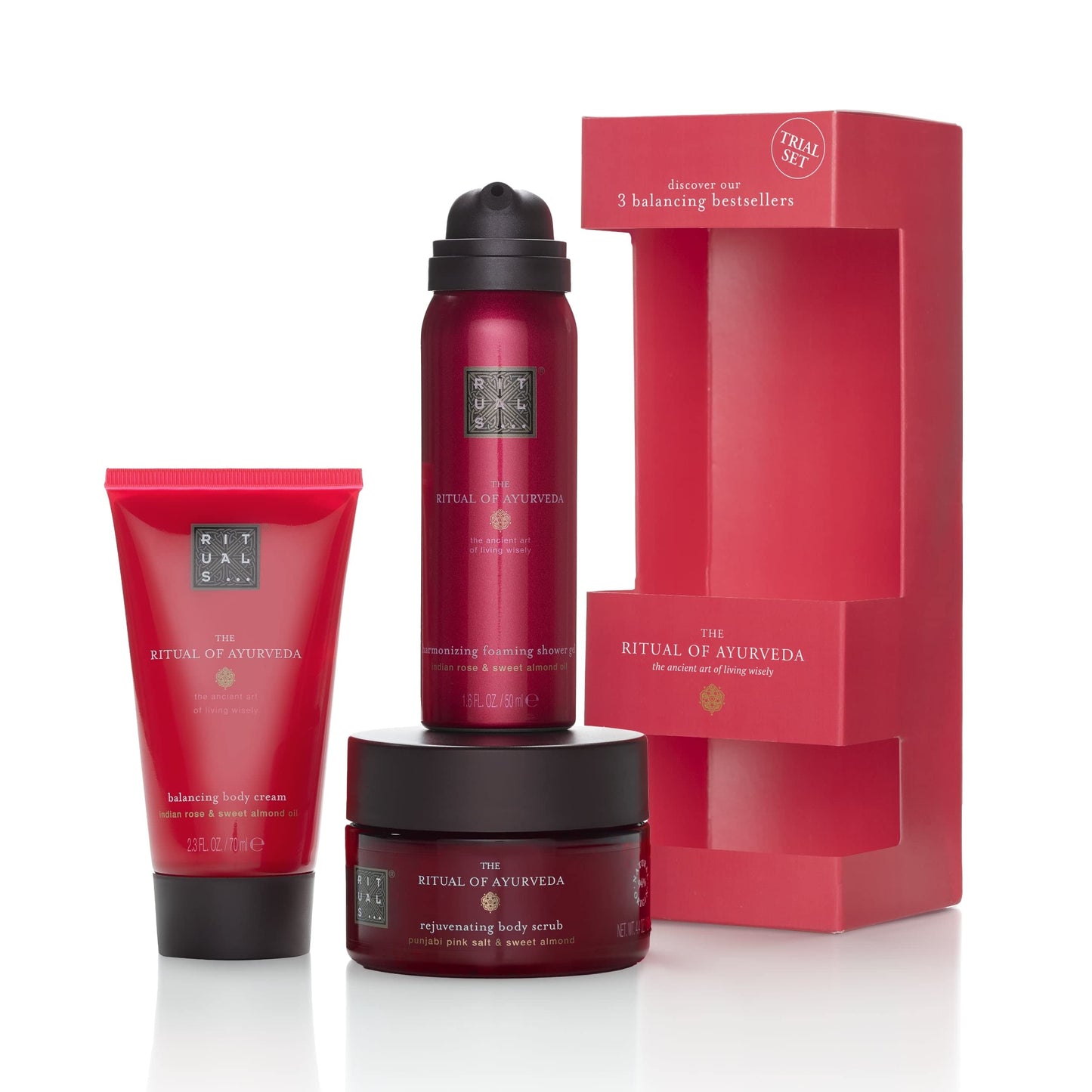 RITUALS Geschenkset für Frauen von The Ritual of Ayurveda, Probierset - mit indischem Rosen- und Mandelöl - beruhigend und pflegend, rot, 3.0 stück, 0.55 pounds