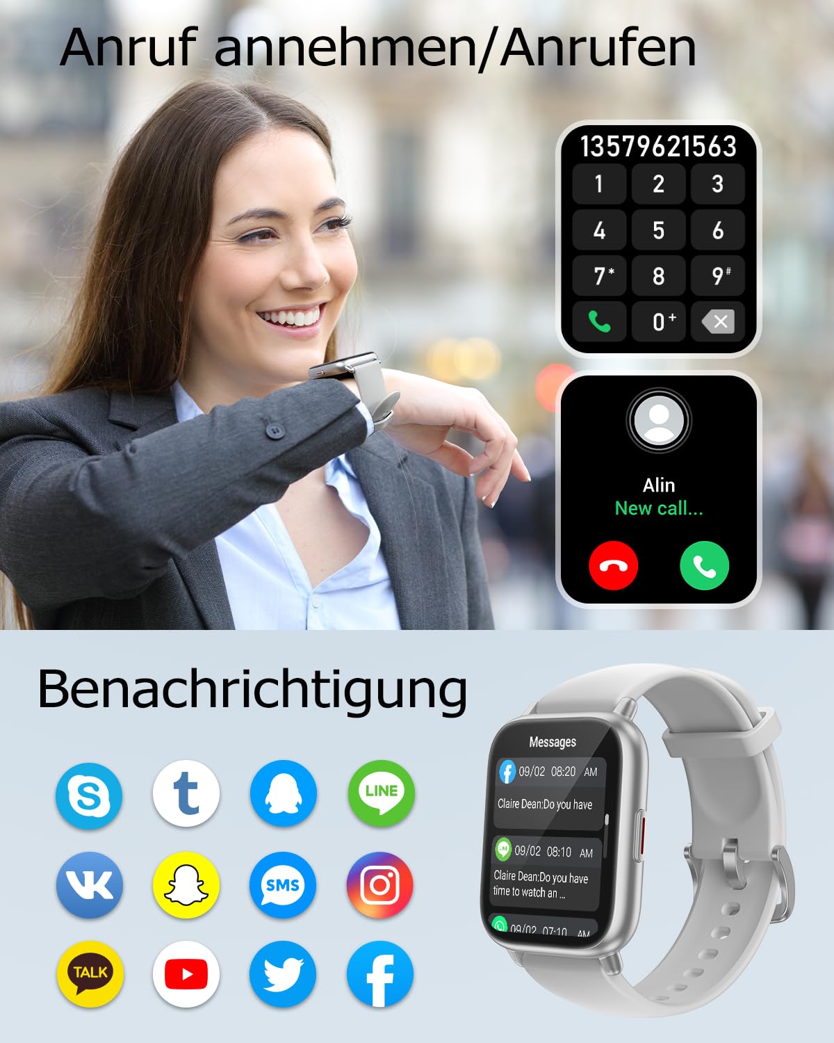 RUIMEN Smartwatch mit Telefonfunktion,Smartwatch für Damen Herren HD-Touch Screen Fitnessuhr mit SpO2-Überwachung Pulsuhr Schlafmonitor Schrittzähler Uhr Multi Trainingsmodi für Android iOS