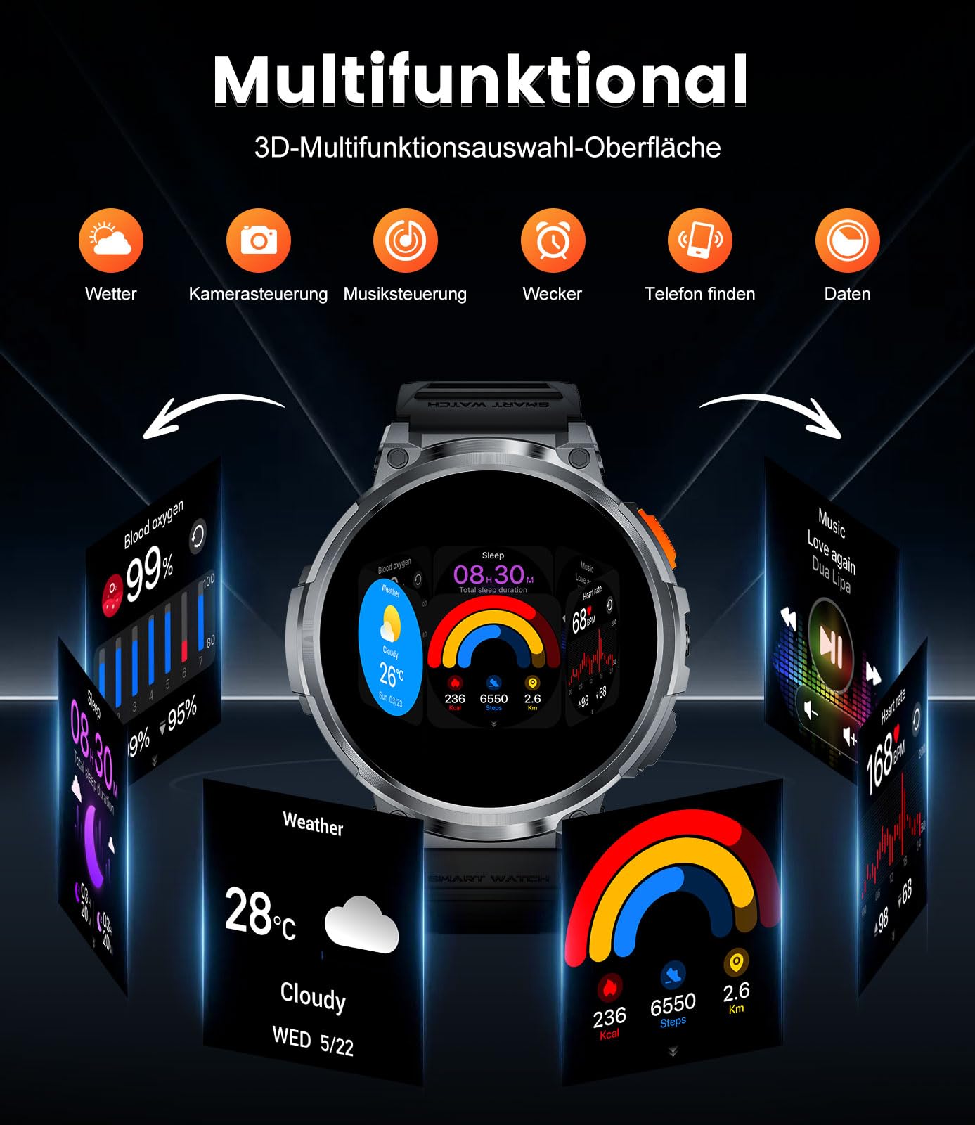 ESFOE Smartwatch Herren mit Telefonfunktion,1.85'' Militär Smart Watch mit 730mAh Lange Akkulaufzeit,LED Taschenlampe,IP68 Wasserdicht Fitnessuhr mit 100+ Sportmodi,Gesundheitsüberwachung Android iOS