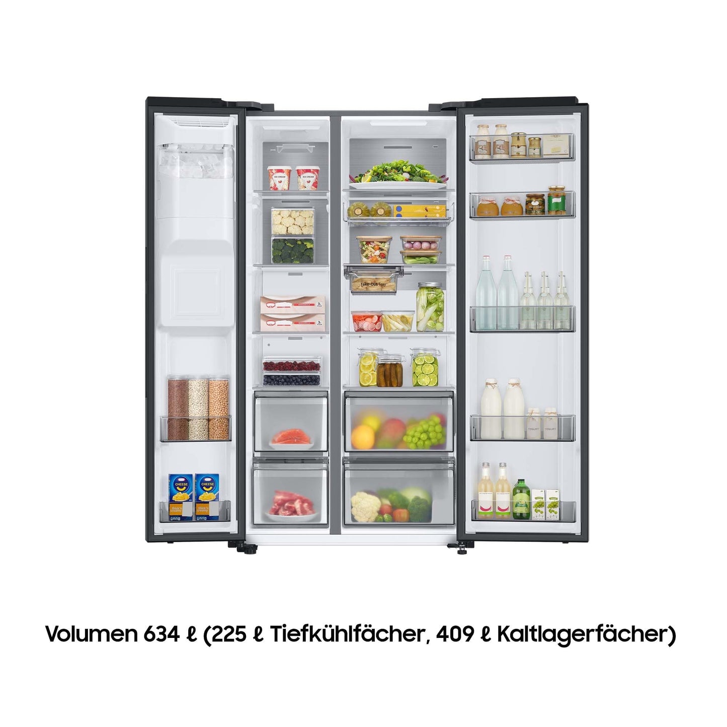 Samsung Side-by-Side-Kühlschrank mit Gefrierfach, 178 cm, 634 l Gesamtvolumen, 225 l Gefrierteil, AI Energy Mode, Wasser- und Eisspender, Frischwasseranschluss, Premium Black Steel, RS6GCG885DB1EG