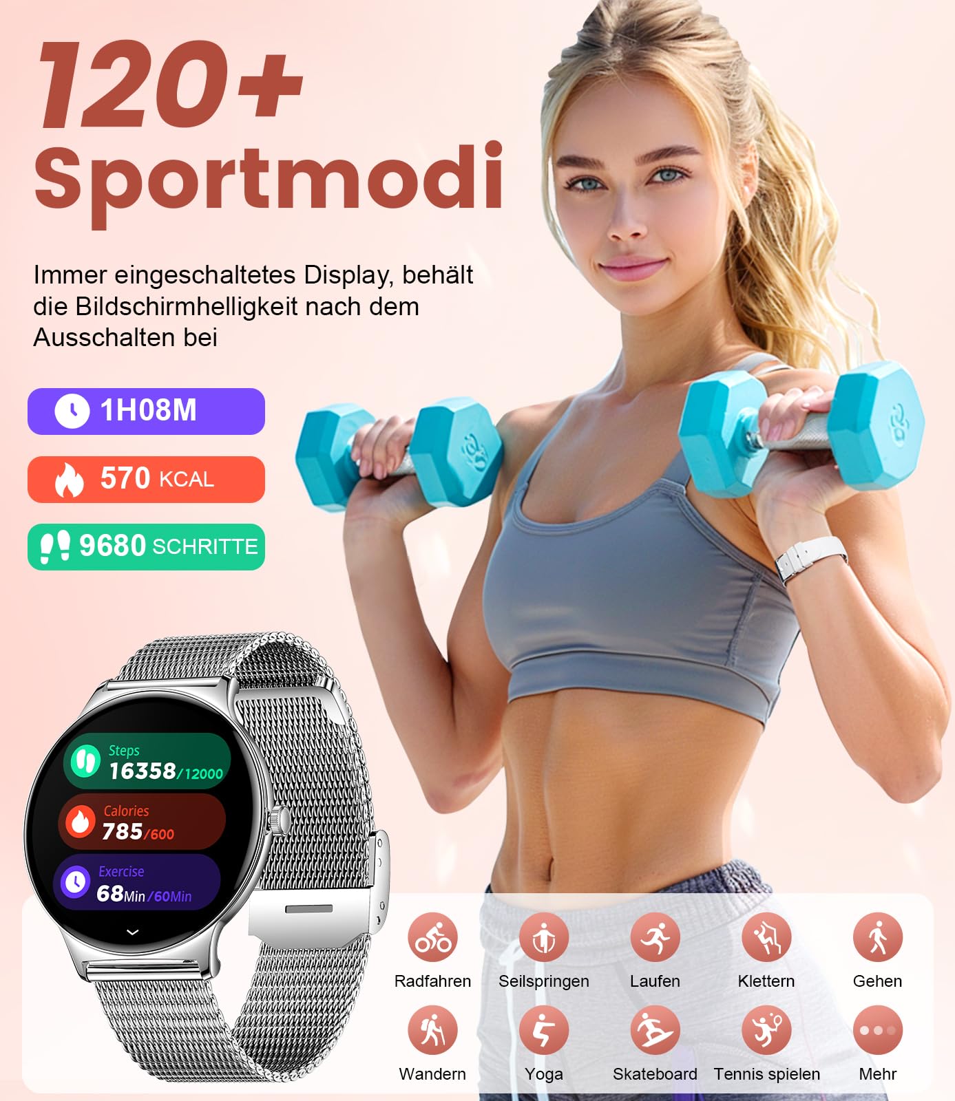 Smartwatch Damen Mit Telefonfunktion,1.43"AMOLED Fitnessuhr Mit Herzfrequenz/Spo2/Schlafmonitor Kompatibel Android iOS,SchrittzäHler Kalorien IP68 Wasserdicht Smart Watch 100+Sport Modi Silbrig