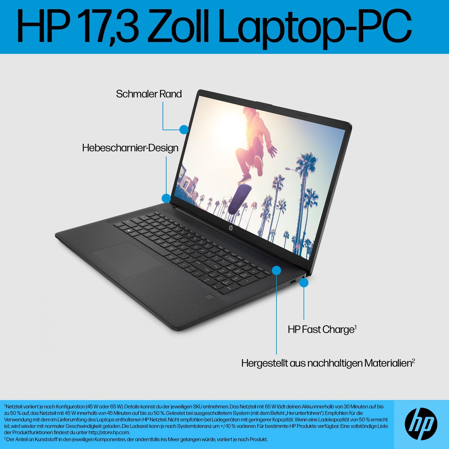 HP Laptop mit 17,3 Zoll FHD Display, AMD Ryzen 7 7730U, 16 GB DDR4 RAM, 512 GB SSD, AMD Radeon-Grafik, Windows 11, QWERTZ Tastatur, Schwarz