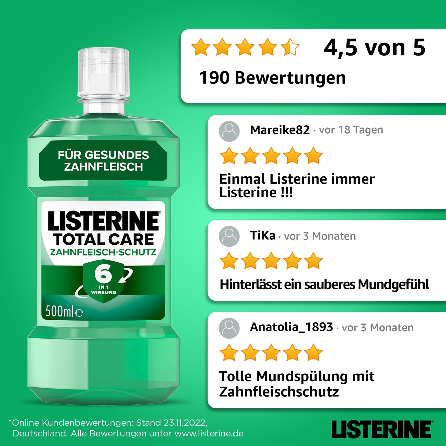 LISTERINE Total Care Zahnfleisch-Schutz (500 ml), antibakterielle Mundspülung mit Fluorid für gesundes Zahnfleisch, Zahnpflege Mundwasser reduziert Zahnbelag mit 6 in 1 Wirkung