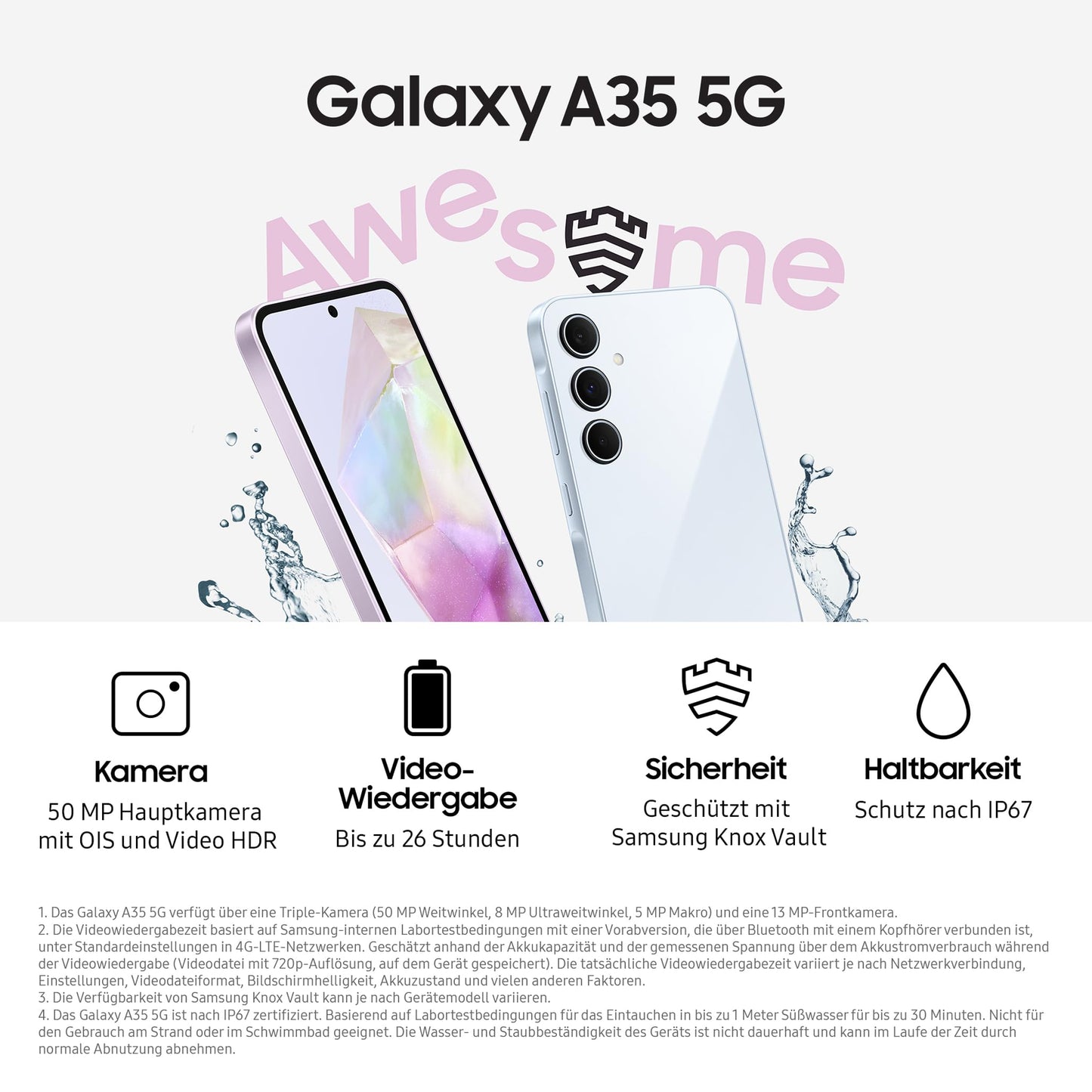 Samsung Galaxy A35 5G Smartphone, Android-Handy ohne Vertrag, 128 GB / 6 GB RAM, 2 Tage Akkulaufzeit, 50-MP-Kamera, Awesome Lilac, 2,5 Jahre Herstellergarantie