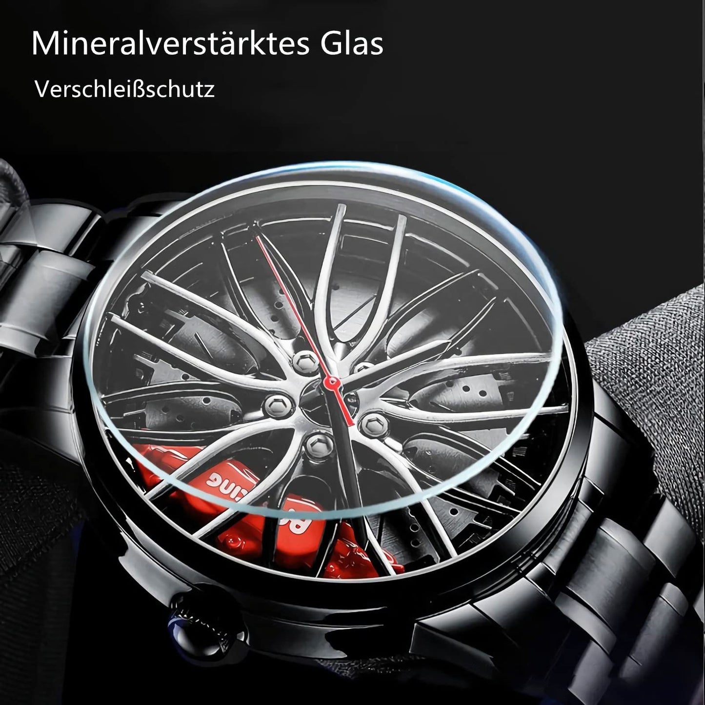 RWXCOW Herren Uhr Kreativ Armbanduhren,Autorad Felgennabenuhr,Auto Rad Felgen Nabe Uhr, Männer Sport Wasserdicht Armbanduhr,3D Auto Rad Felge Nabe Quarz Herrenuhr,schwarzerStahlmitroterNadel