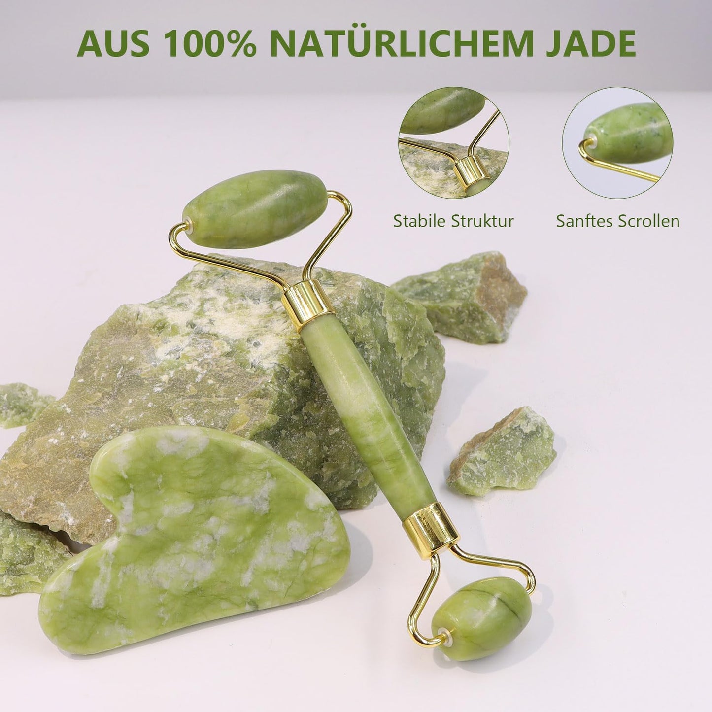 GUGUG Gua Sha Stein and Face Jade Roller Set for Facial Massage - Reduces Eye Puffiness and Skincare Routine-Green