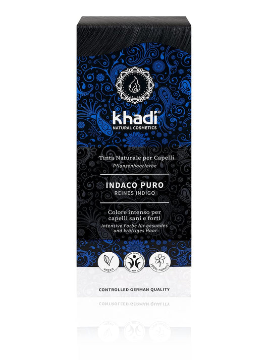 khadi REINES INDIGO Pflanzenhaarfarbe, Haarfarbe für geheimnisvolles Tiefschwarz bis zu schimmerndem Blau-Schwarz, Naturhaarfarbe 100% pflanzlich, natürlich & vegan, Zertifizierte Naturkosmetik, 100g