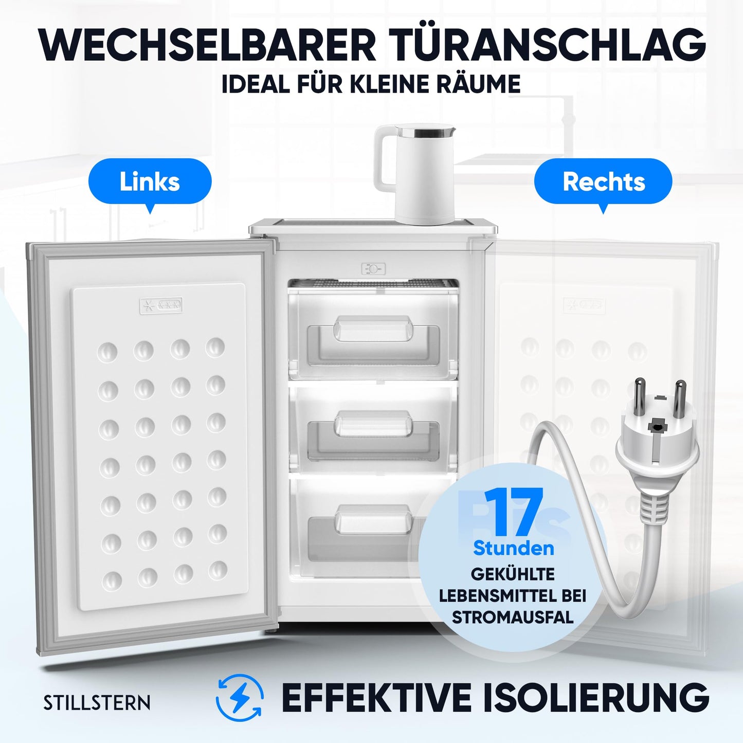 Stillstern Gefrierschrank E (73L) 4-Sterne-Gefrierfach -18°C, geringer Energieverbrauch, 3 Fächer, stufenlos regelbare Temperatur, wechselbarer Türanschlag, Gefrierschrank Klein, Tiefkühlschrank